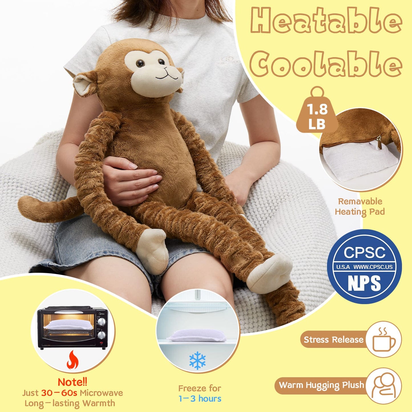MorisMos Weighted Monkey Stuffed Animal for Anxiety Relief,23.6"~35.4" Stretchable Long-Legged Monkey Toy Gift for Kid Adult, Microwavable Heating Weighted Stuffed Animal for Birthday Christmas Decor