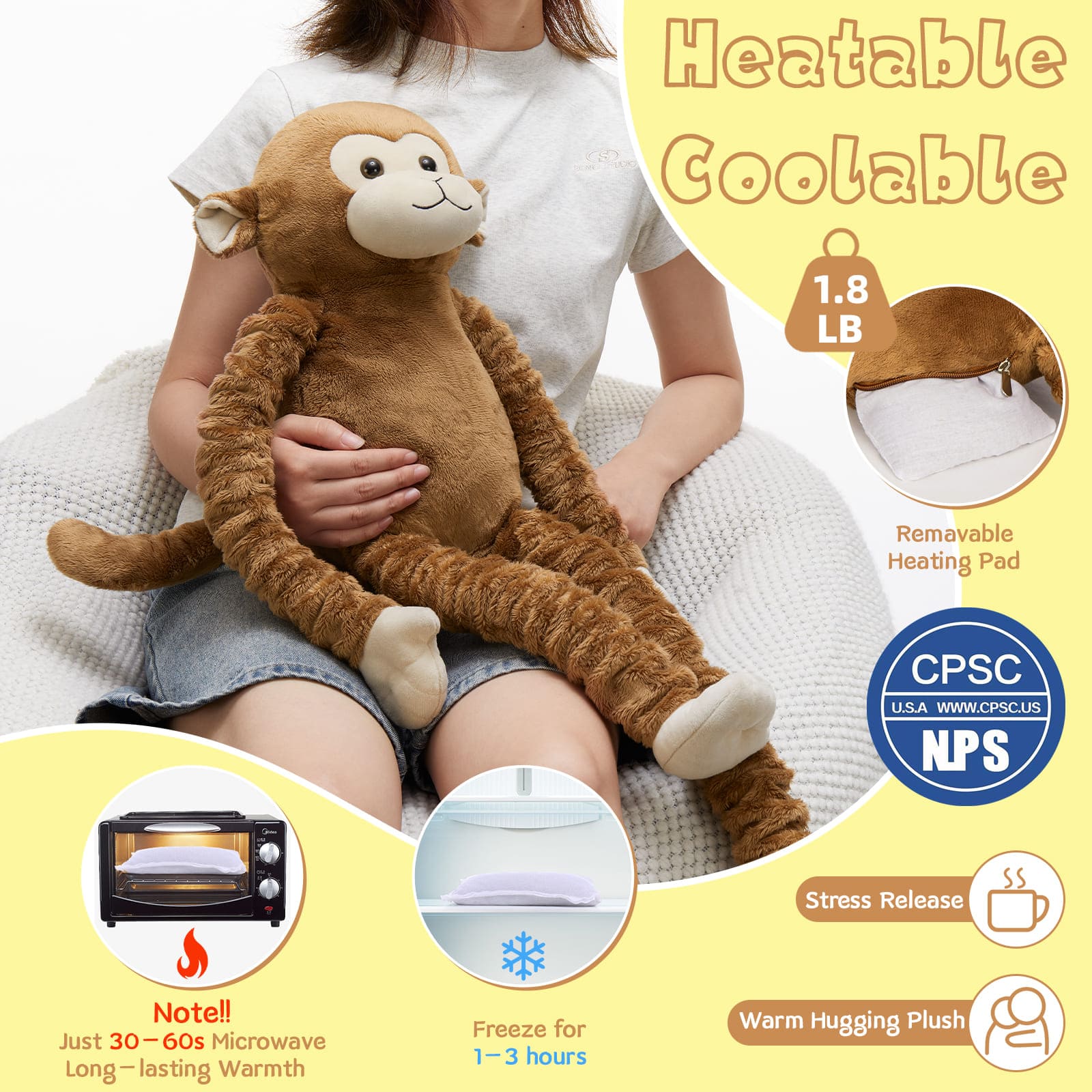 Stretchable Weighted Monkey Plush Toy, 23.6 ~ 35.4 Inches