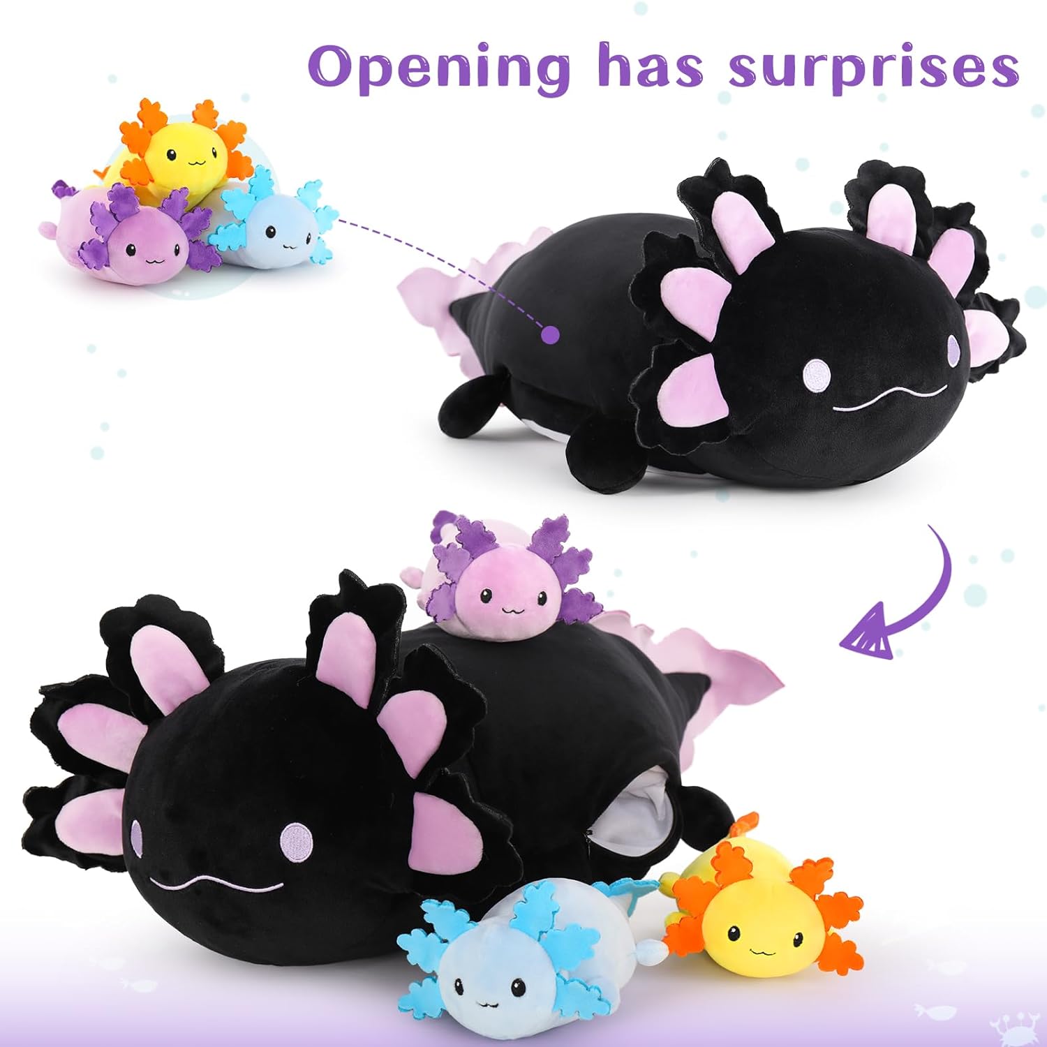 Peluche Axolotl avec 3 bébés, 23,5 pouces