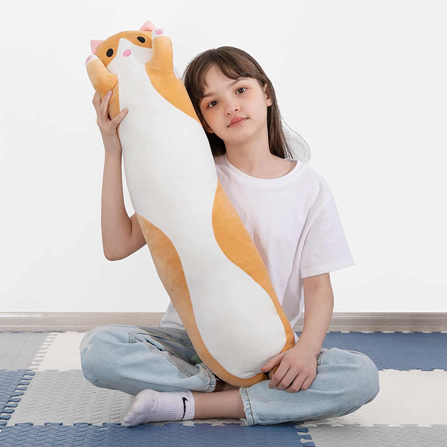 Cat Long Plush Pillow, Grey/Yellow, 35.4 Inches