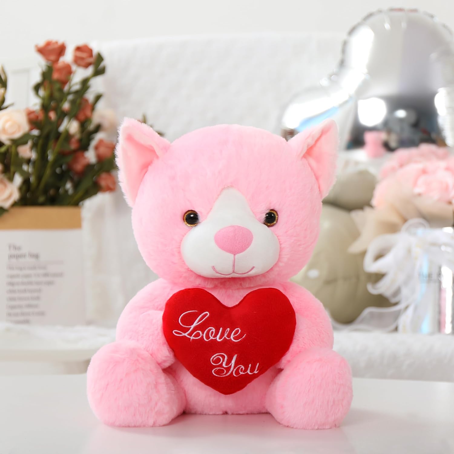 Cat Plush Toy Cartoon Cat Stuffed Animals, Pink, 12 Inches