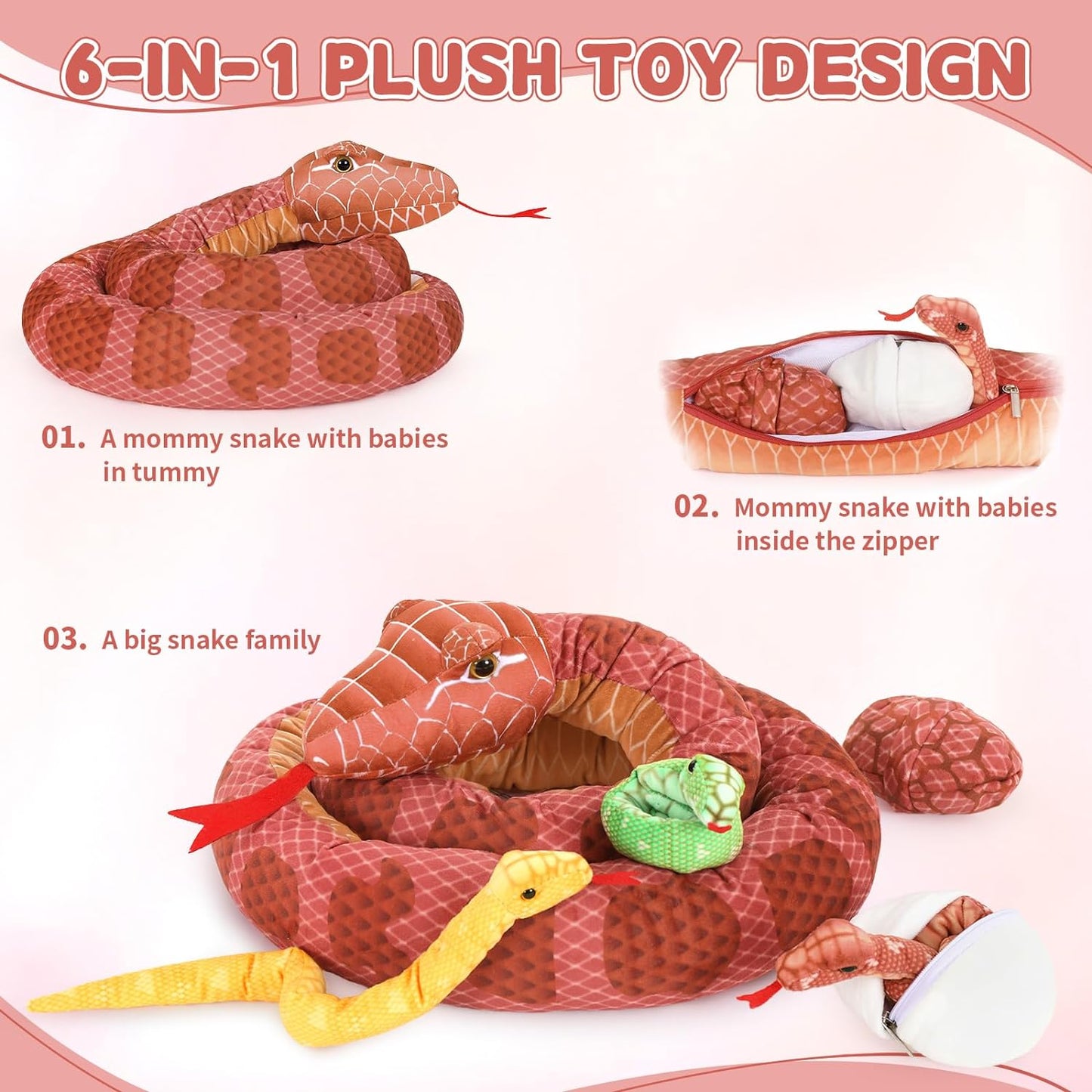6 Pcs Realistic Snake Stuffed Animals - Snake Stuffed Animal Babies with Their Mom - Simulation Python Plush Dolls for Girls Boys - Stuffed Animals with Babies Inside - Cool Boa Plush Toys - Creative Christmas/Birthday/Halloween Gift for Kids Teens Adults
