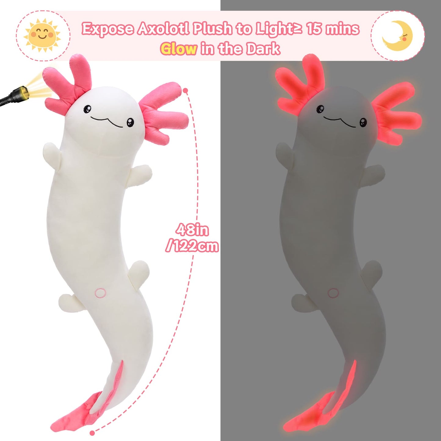 Giant Cozy Axolotl Long Throw Pillow, Red/Pink/Mint Green/Blue, 48 Inches