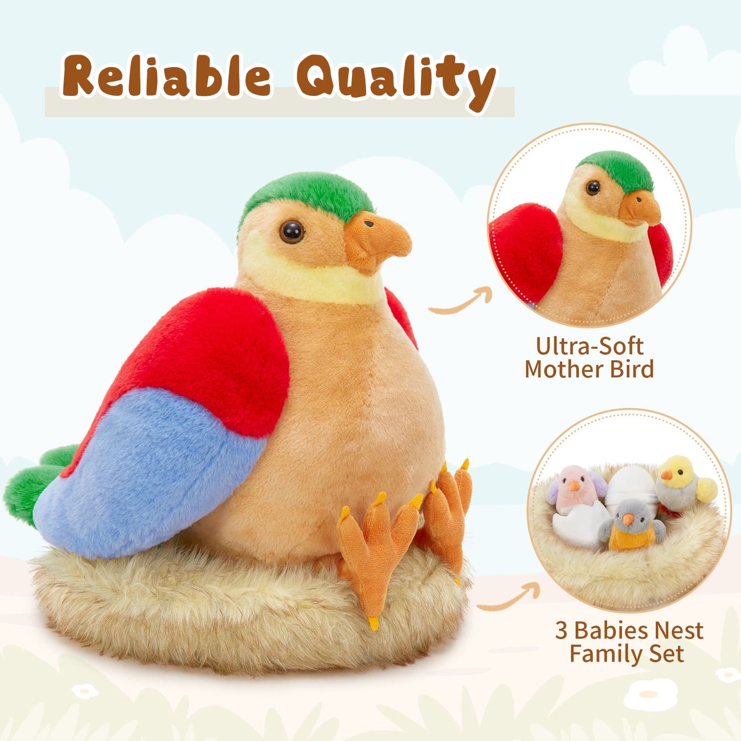 MorisMos 7Pcs Bird Stuffed Animals, Mommy Bird with Babies Eggs Nest, Colorful Birds Plush Toys Gifts for Toddlers, Kids, Boys, Girls, 12 inch