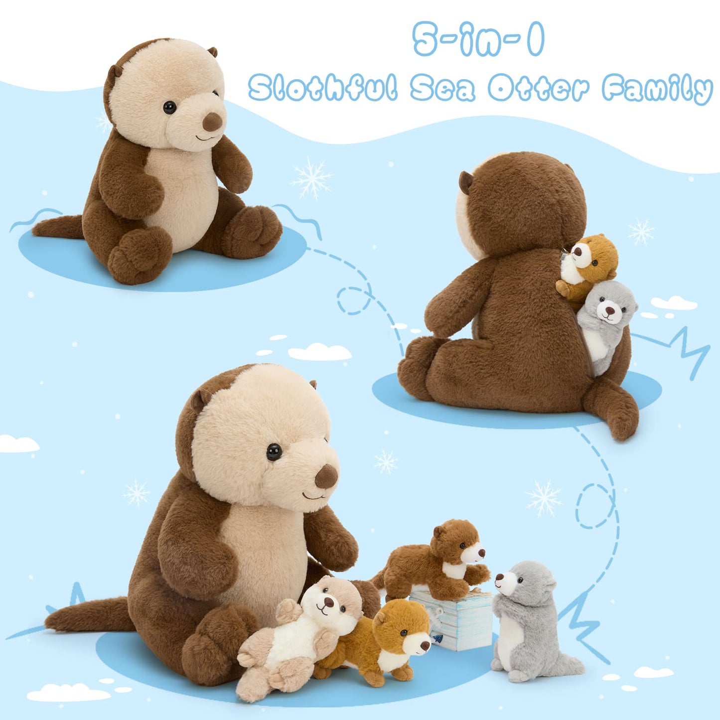 MorisMos 5 Pcs Otter Stuffed Animal - 14.5" Mommy Sea Otter Plush with Babies Inside, Soft Cute Stuffed Otter Plushies Toy for Kids Boys Girls, Ideal Gift for Christmas Birthday Holidays