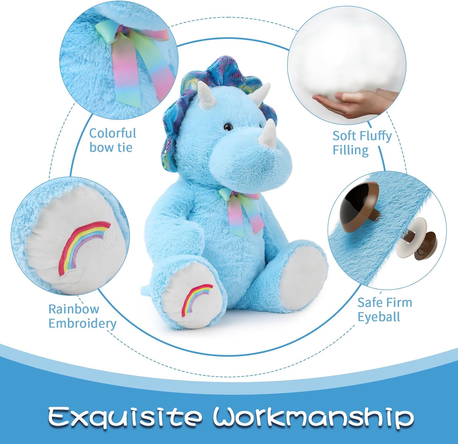 Jouet en peluche Triceratops assis, bleu, 29,5 pouces