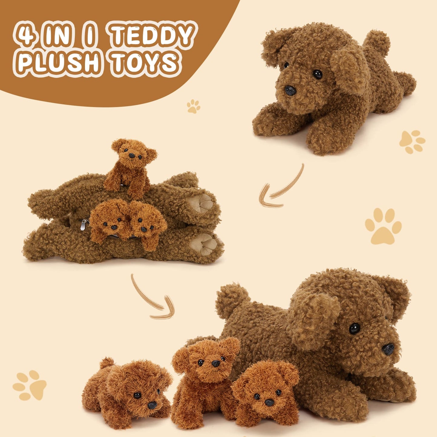 Teddy Dog Stuffed Animals with Three Puppies Inside the Belly - Cute Dog Family Plush Toy Assortment - Free Shipping Now