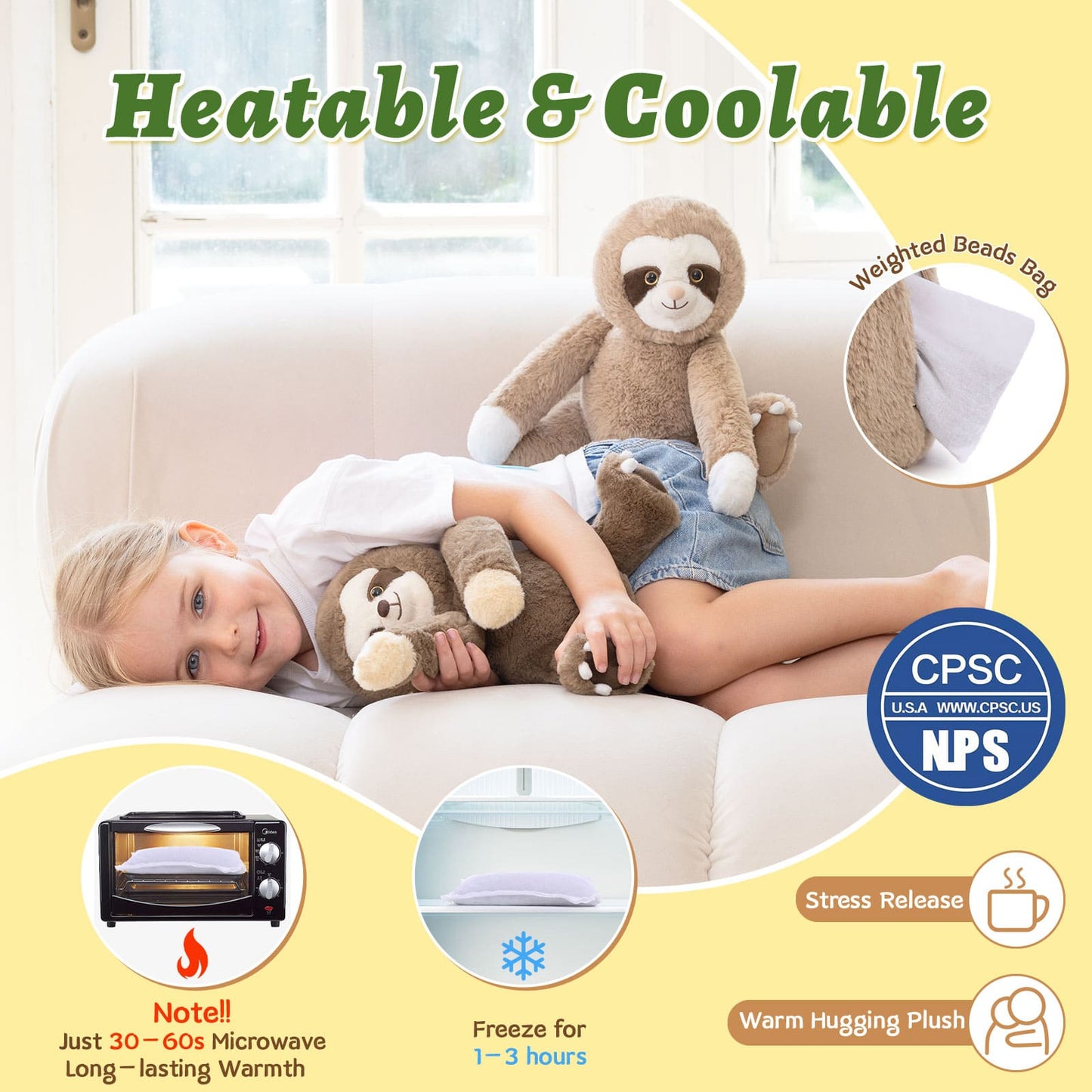Child lying on a couch with a sloth plush toy, surrounded by text about the product's features.