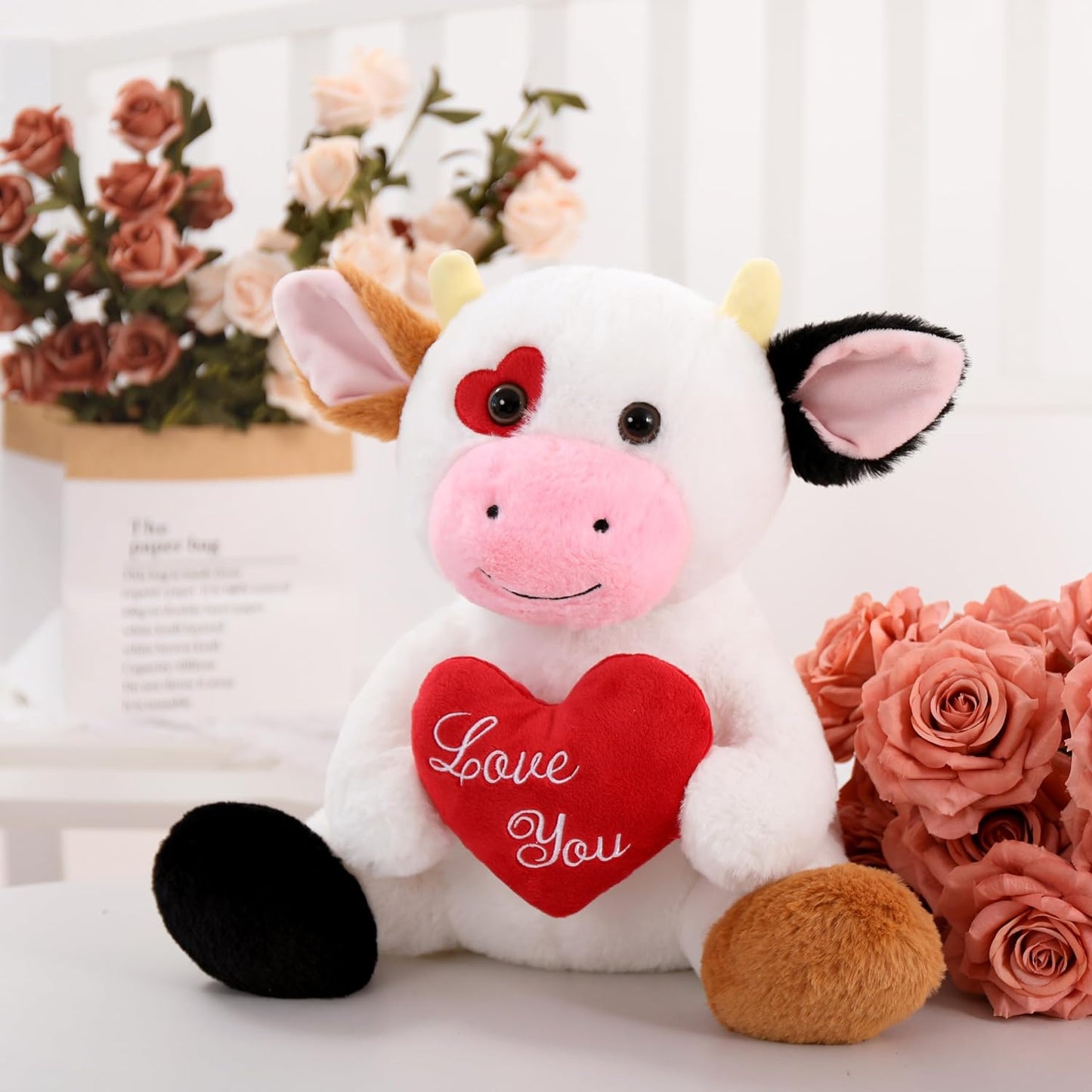 Valentine's Day Cow Stuffed Animals - 12 Inches Cattle Plush Toys with ' Love You ' Heart - Valentine's Day Gift for Girlfriend/Boyfriend - Fluffly Cuddly Plushy Fluffy Toy - Cute Cow Plush Pillows for Kids - Christmas/Birthday Gift for Children/Teens/Adults - Romantic Anniversary Gift for Wife/Husband - Free Shipping
