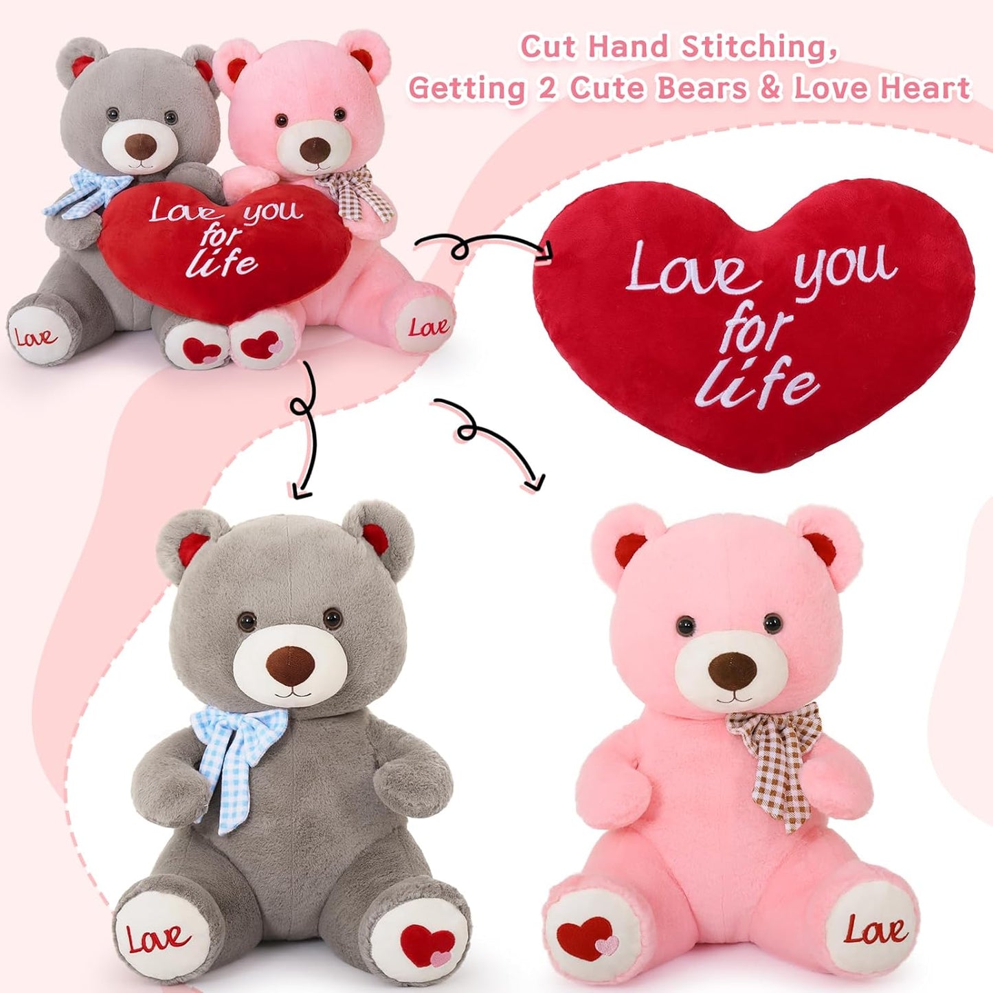 Valentine's Day Teddy Bear Couple Stuffed Animals - Big 16 Inches Teddy Bear Plush Toys with ' Love You for Life ' Heart- Valentine's Day Gift for Girlfriend/Boyfriend - Fluffly Cuddly Plushy Fluffy Toy - Cute Teddy Bear Plush Pillows for Kids - Christmas/Birthday Gift for Children/Teens/Adults - Romantic Anniversary Gift for Wife/Husband - Wedding Gift Ideas for Friends - Free Shipping
