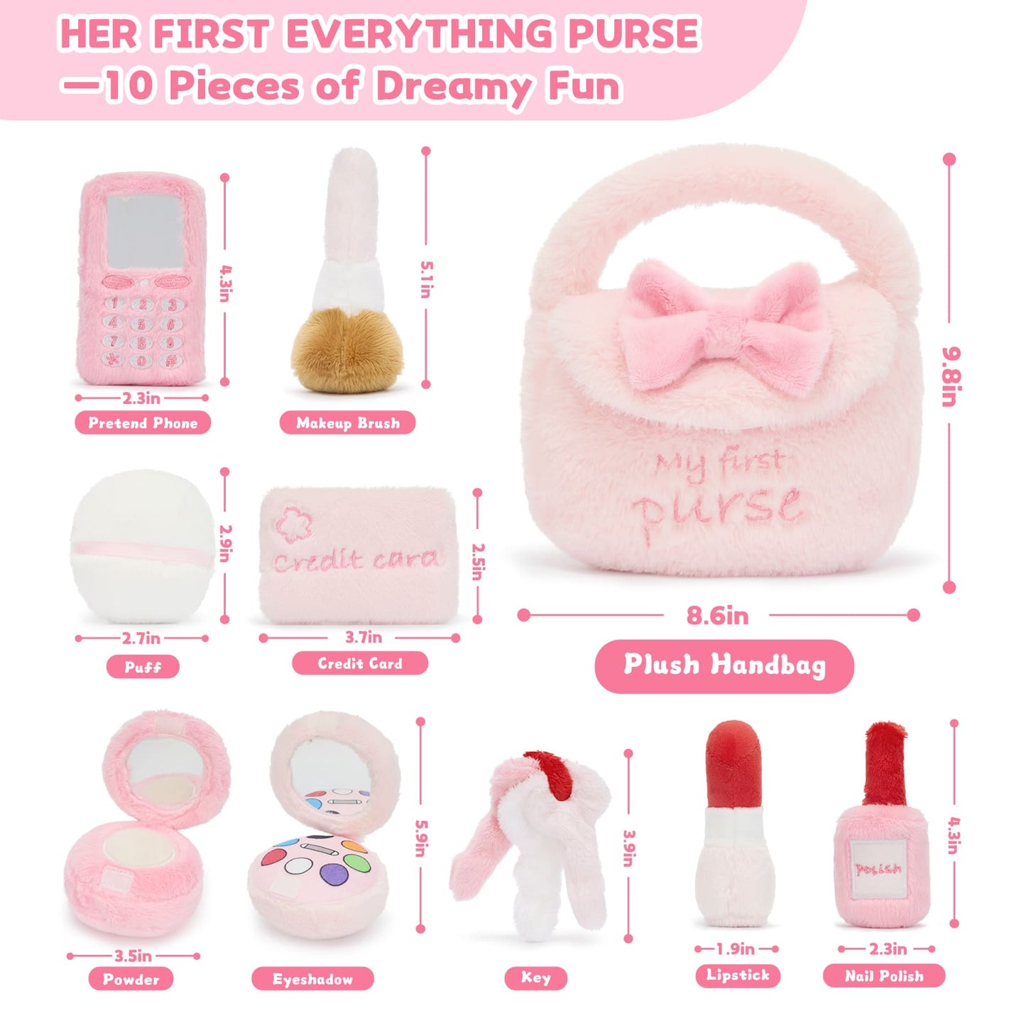 Girls soft plush purse playset with toy phone, lipstick, compact mirror, credit card, and nail polish designed for toddler dress-up and pretend makeup play.
