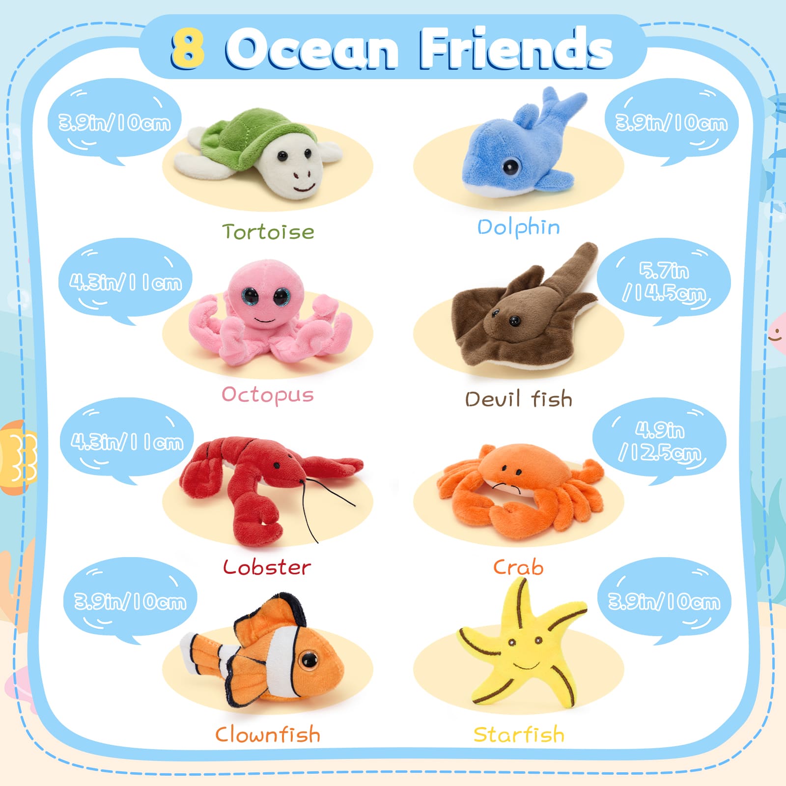 8 Piece Sea Animal Stuffed Toy Set, 11.4 Inches