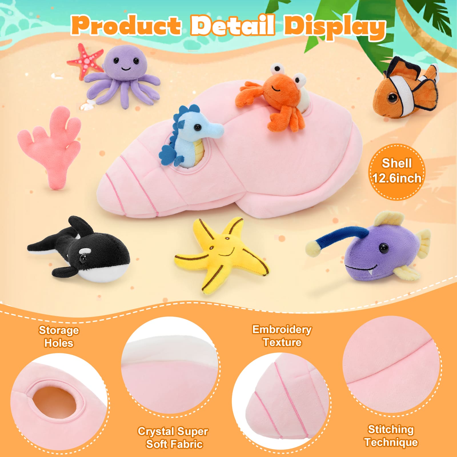 Pink Plush Conch with Seven Ocean Stuffed Animals,  12.6 Inches