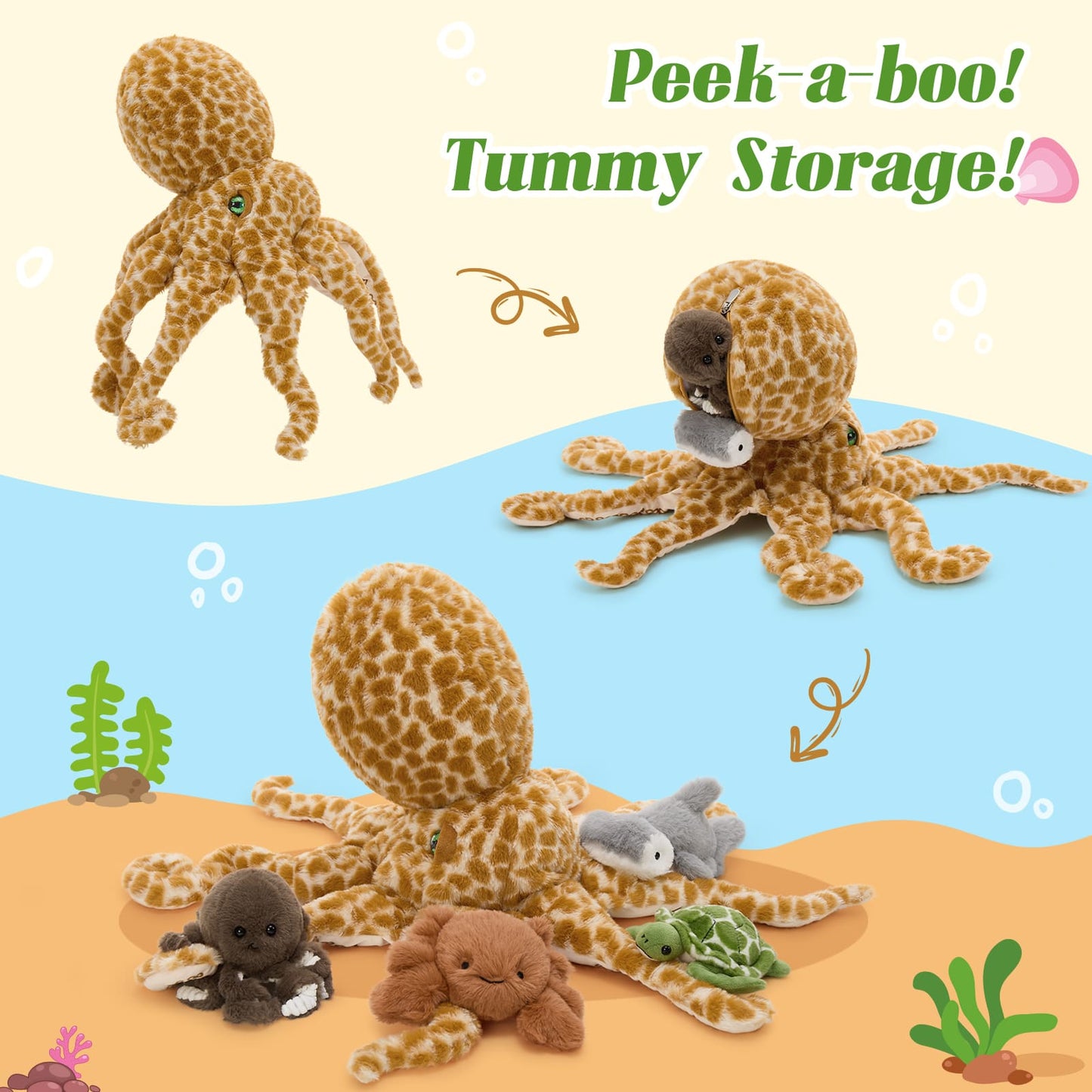 Giraffe-pattern octopus plush with mini stuffed animals, including a green sea turtle, brown crab, grey hammerhead shark, and small brown octopus.