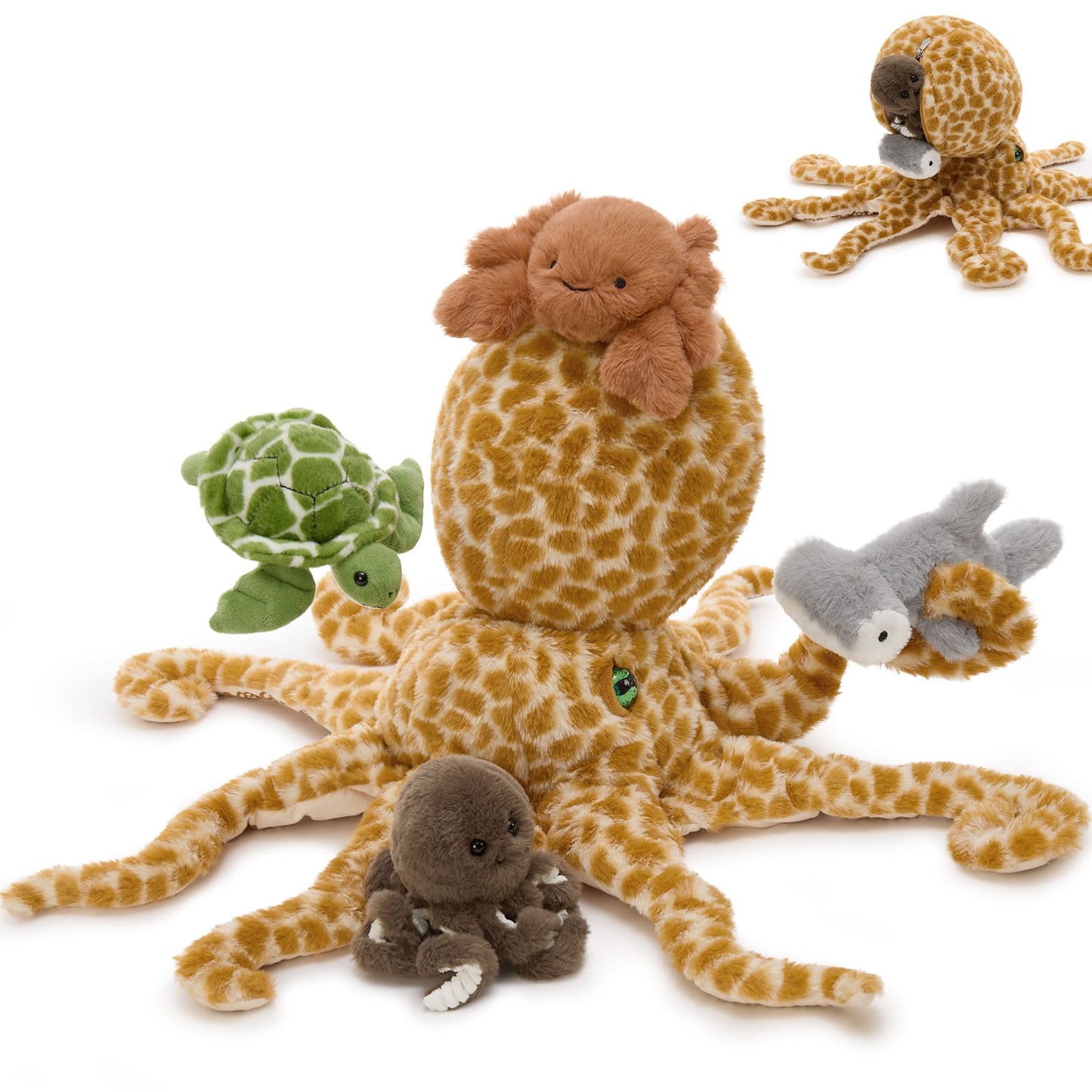 Giraffe-pattern octopus plush with mini stuffed animals, including a green sea turtle, brown crab, grey hammerhead shark, and small brown octopus.