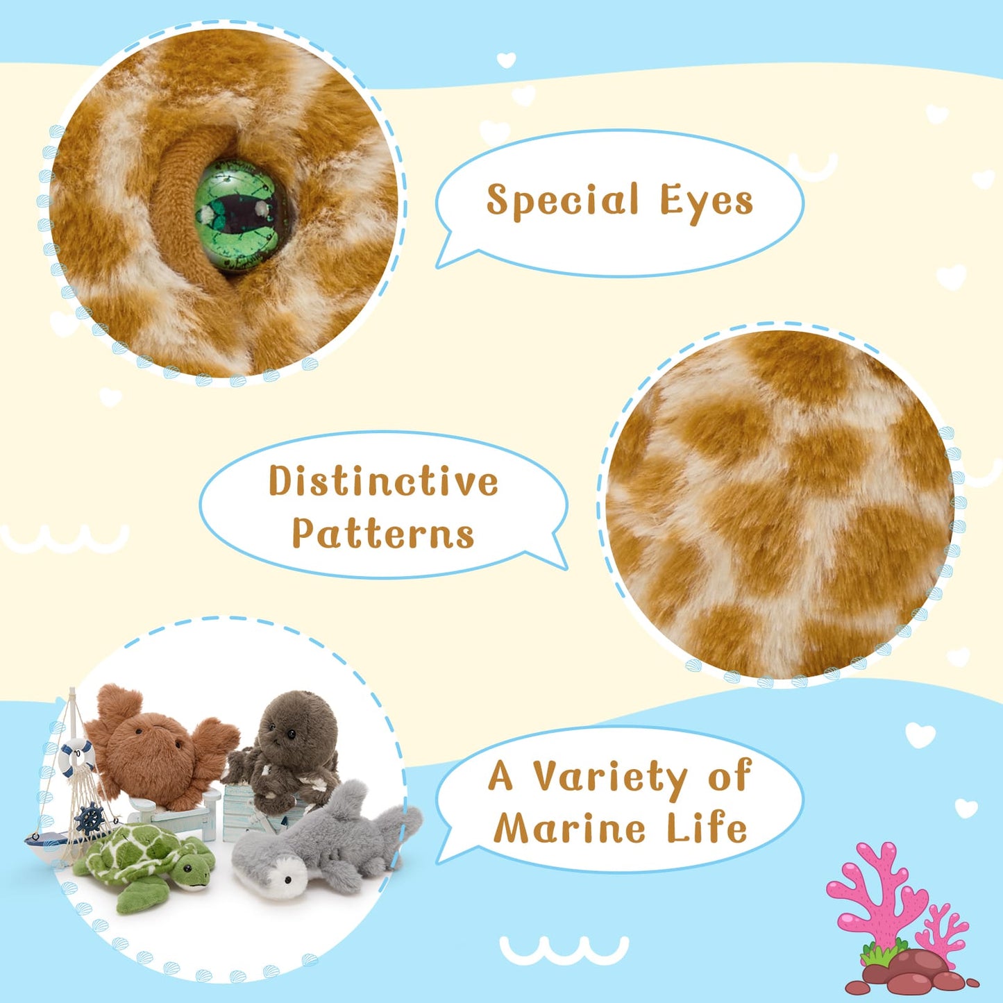 Giraffe-pattern octopus plush with mini stuffed animals, including a green sea turtle, brown crab, grey hammerhead shark, and small brown octopus.