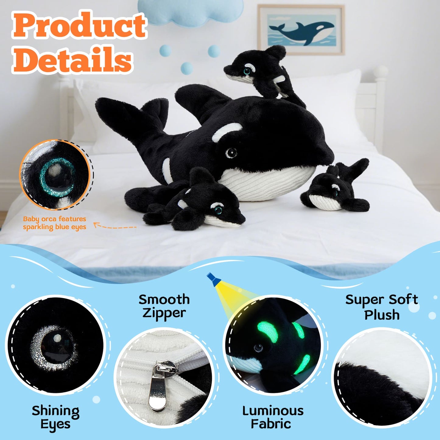 Large Orca Stuffed Animal with 3 Babies Glow in The Dark, 23.6" Huggable Killer Whale Plush Toy Realistic Soft Ocean Animal Plushies Birthday Gifts for Boys Girls