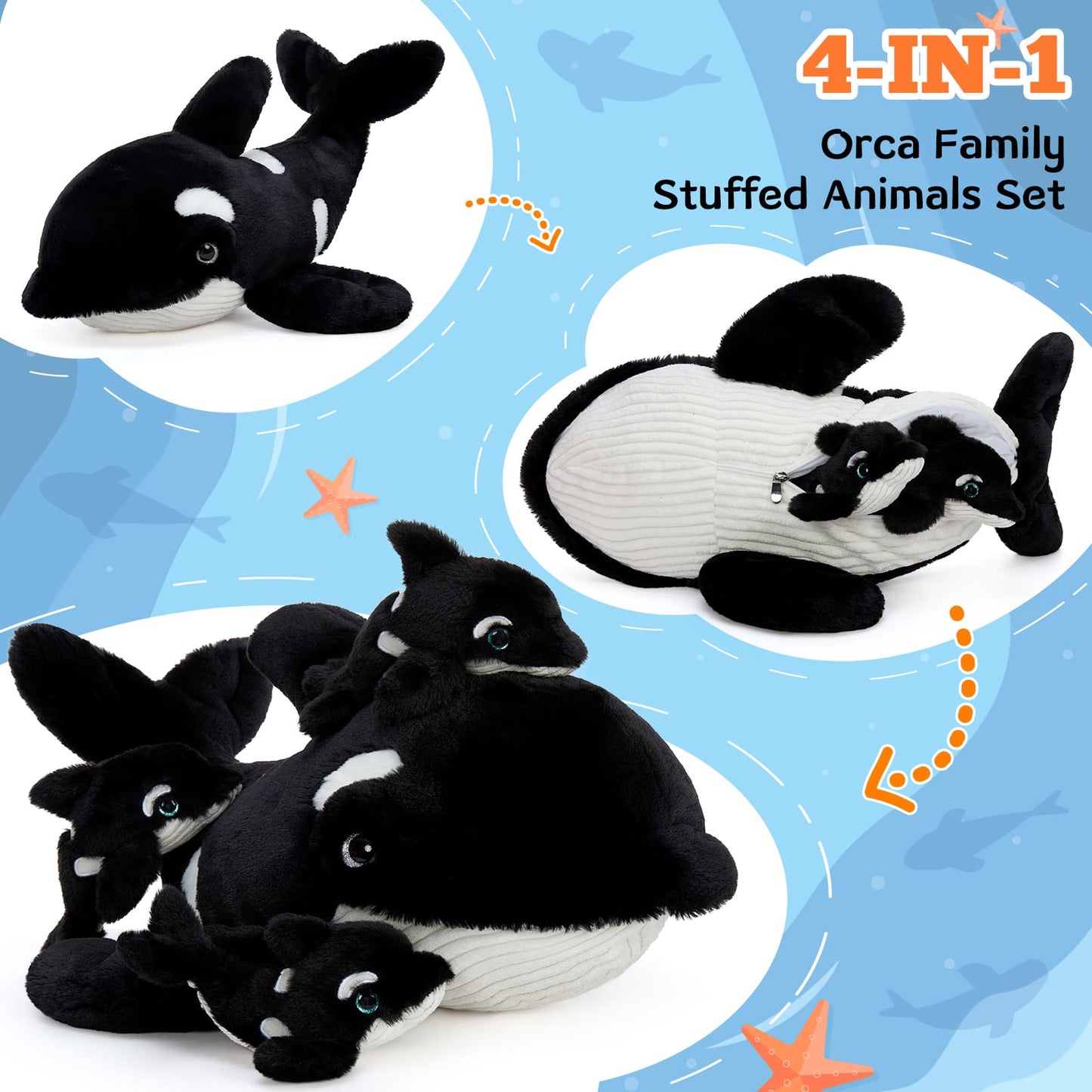 Large Orca Stuffed Animal with 3 Babies Glow in The Dark, 23.6" Huggable Killer Whale Plush Toy Realistic Soft Ocean Animal Plushies Birthday Gifts for Boys Girls