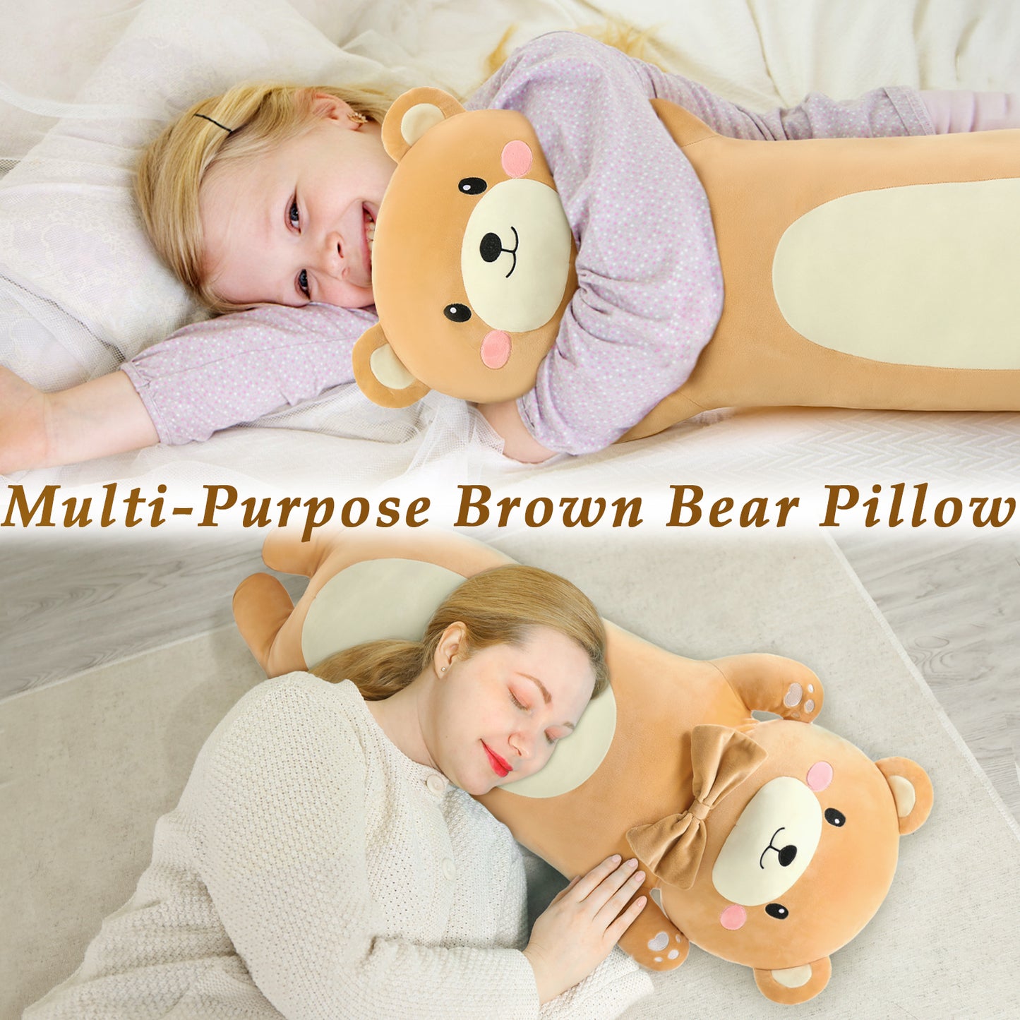 MorisMos Stuffed Animals - Teddy Bear Plush Toys - Cute Cartoon Teddy Plush Pillows - Cute Bear Cartoon Sofa/Bed Cushion Pillows - Cozy Long Body Pillows - Luxury Soft Fluffy Decorative Pillow Covers for Sofa, Couch, Living Room, Bedroom - Housewarming Gift