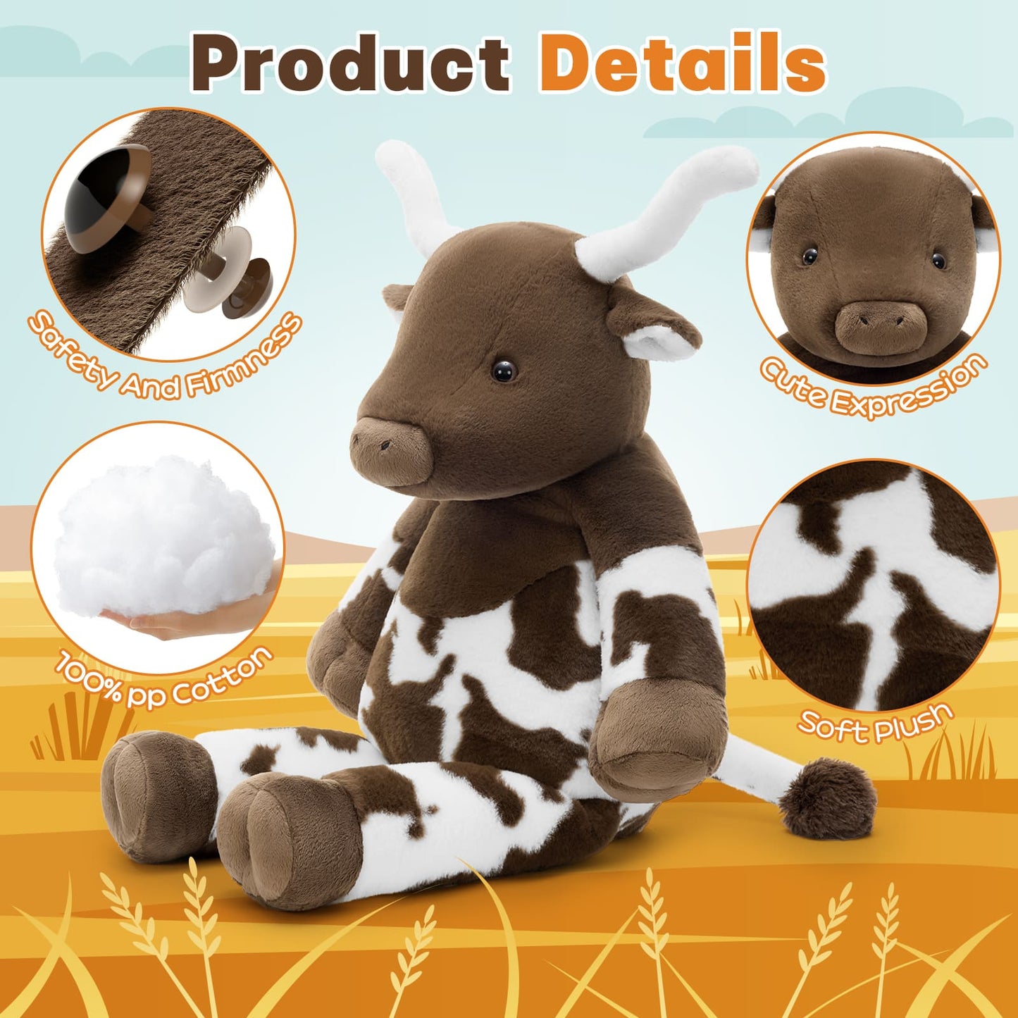 Large longhorn bull stuffed animal with soft brown fur and cow pattern body, adorable giant plush toy for children, baby shower gifts, and farmhouse nursery decor.