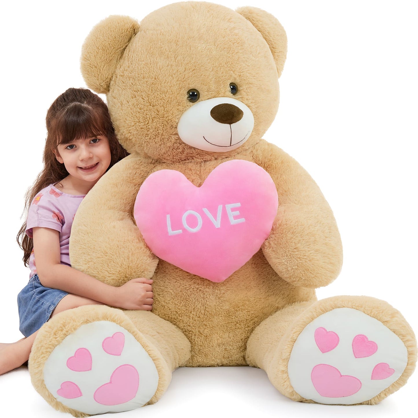 51 inch giant teddy bear holding pink love heart, oversized soft plush teddy bear gift for Valentine’s Day, anniversary, and romantic occasions