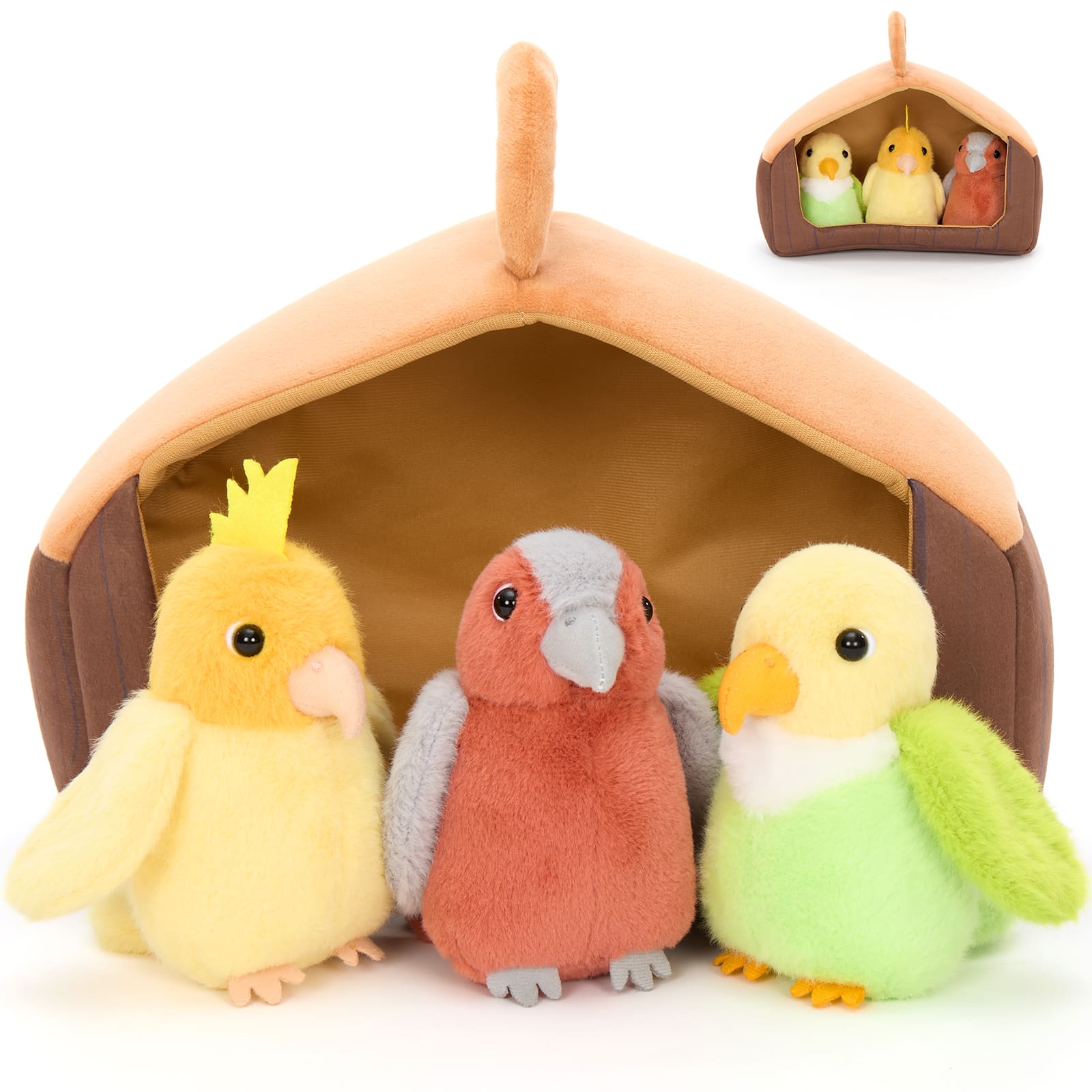 Three Cute Stuffed Parrots with Cozy Birdhouse Playset, 11.8 Inches