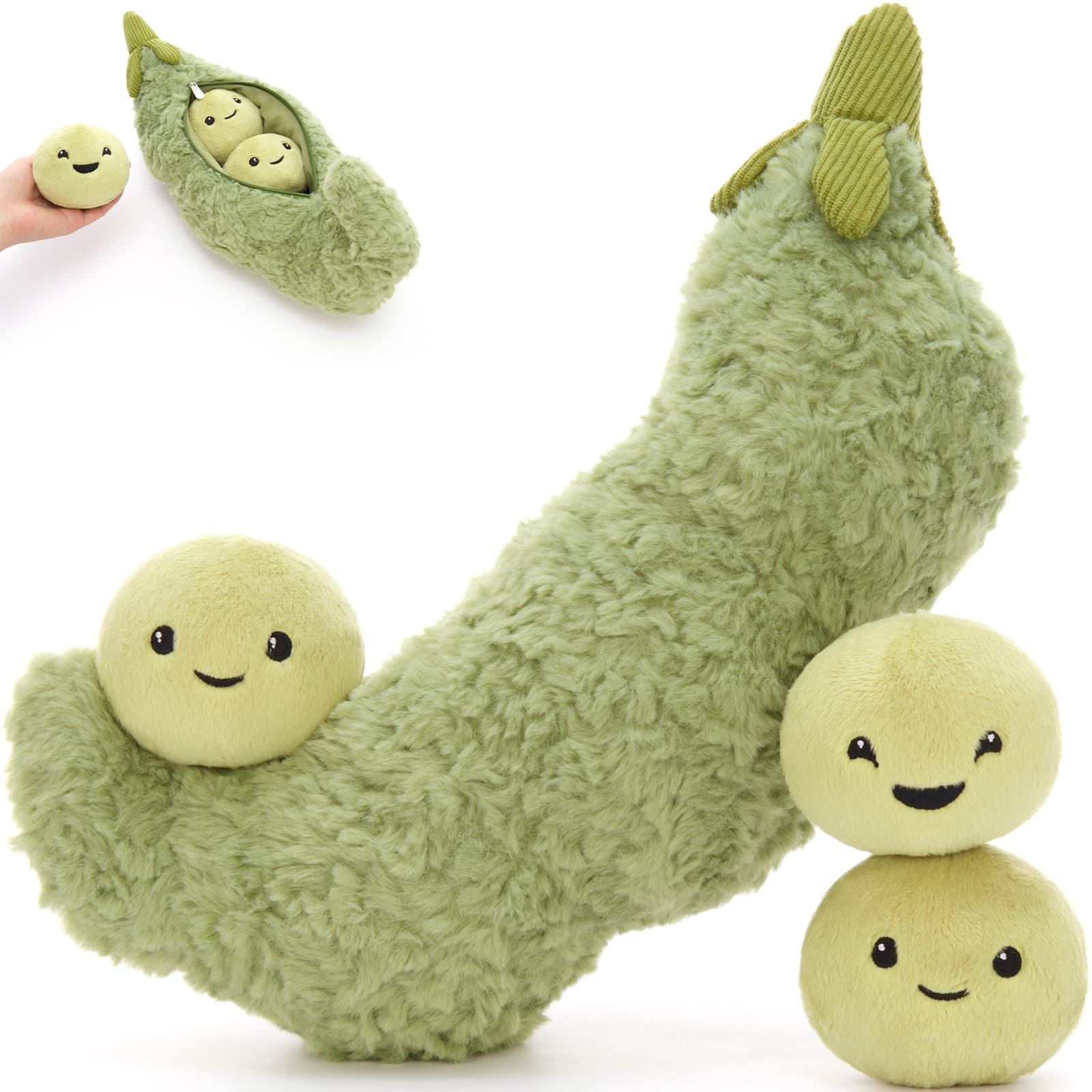15.7 Inch Lifelike Pea Pod Plush Toy with 3 Removable Beans