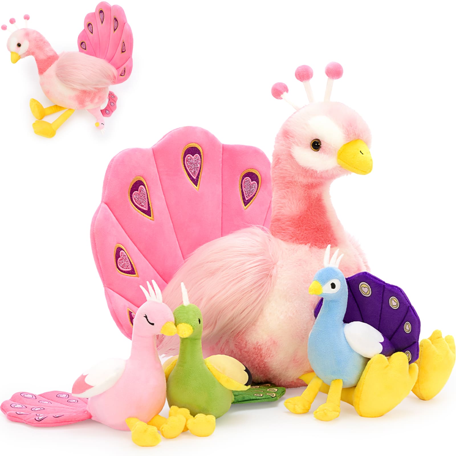 4 Pcs Peacock Stuffed Animals With Babies Inside, Blue/Pink, 17.7 Inches