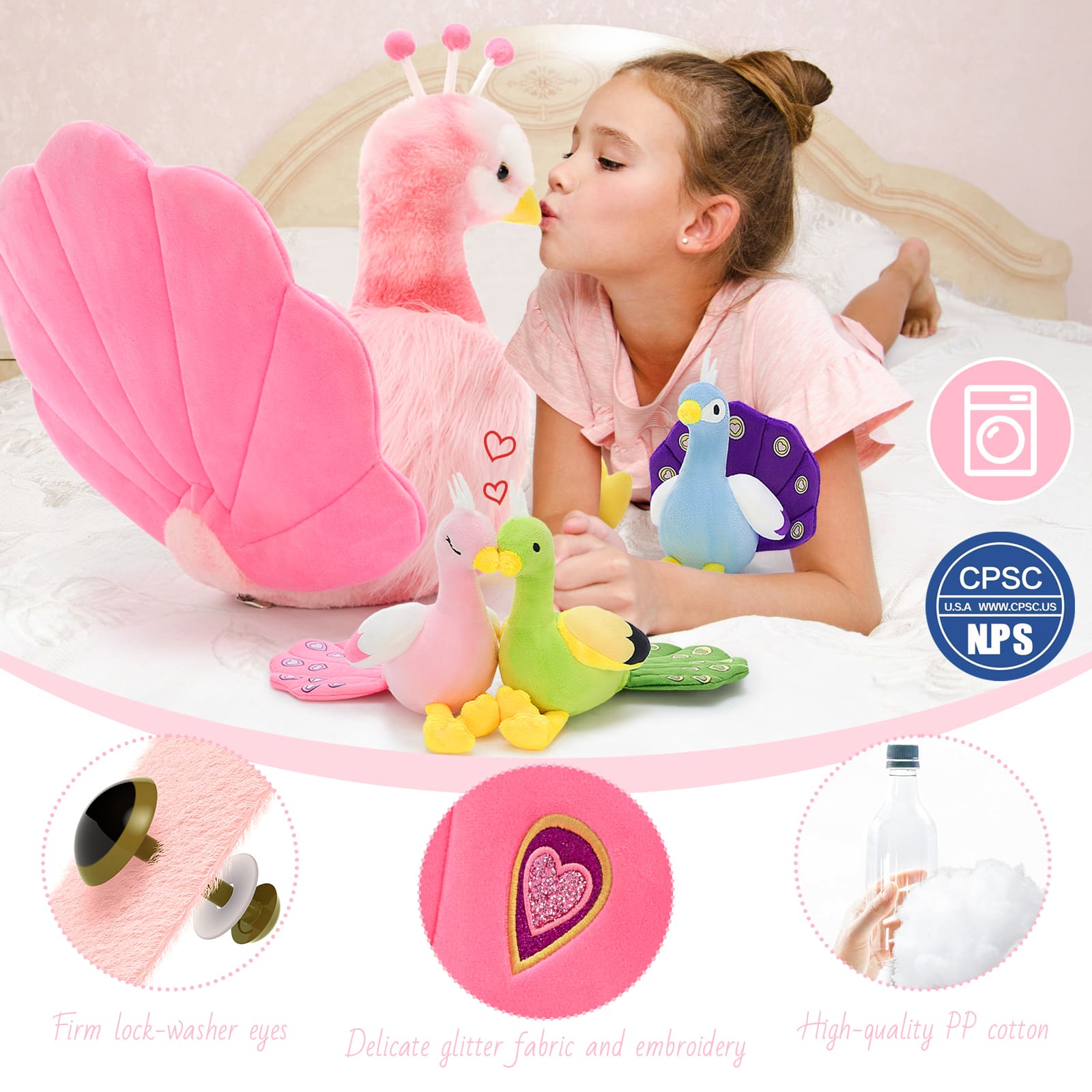 4 Pcs Peacock Stuffed Animals With Babies Inside, Blue/Pink, 17.7 Inches