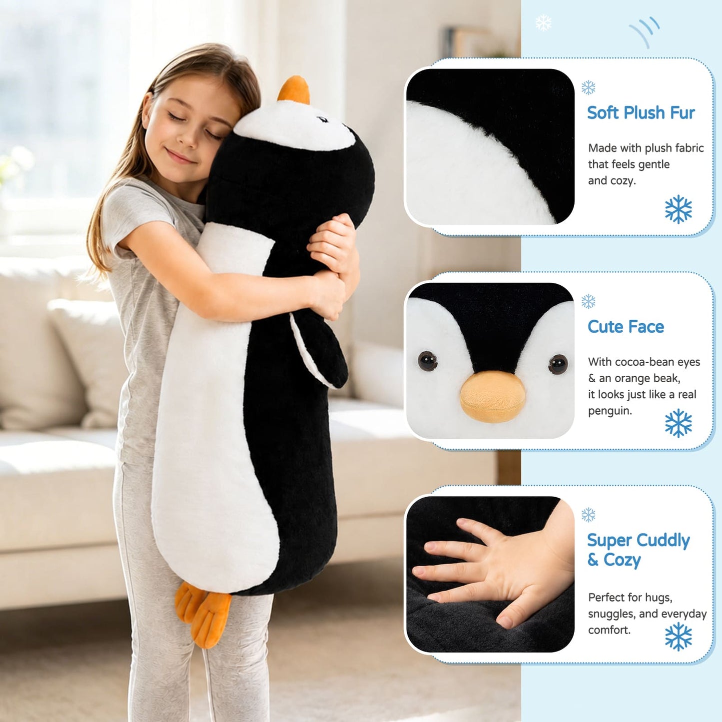 Extra large penguin stuffed animal plush pillow measuring 45 inches, made with super soft cotton filling for maximum comfort, ideal as a cozy body pillow, nursery decor, or gift for birthdays, Christmas, and special occasions, featuring cute cartoon-style penguin face.
