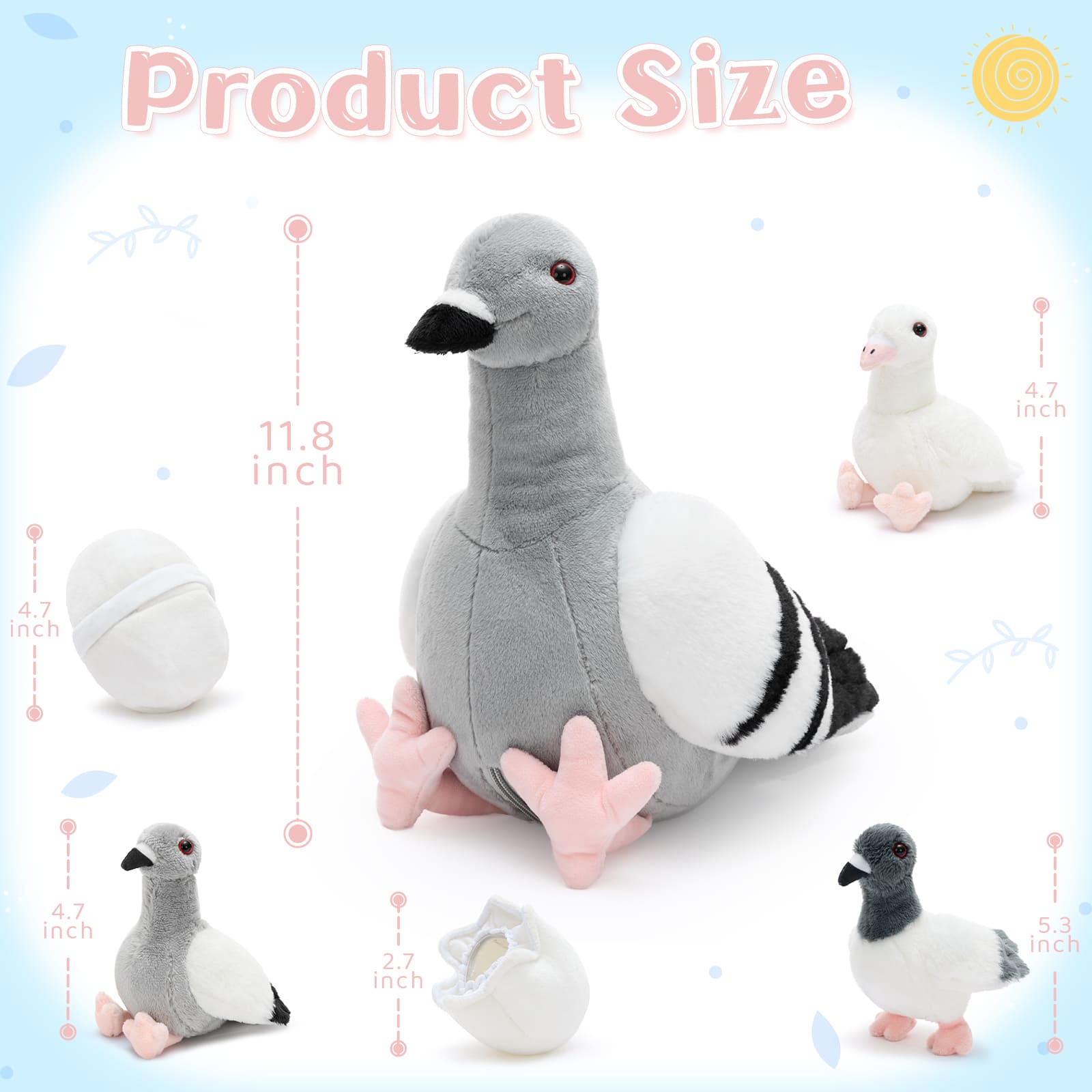 Pigeon Stuffed Animals with Babies Inside, Gray, 11.8 Inches