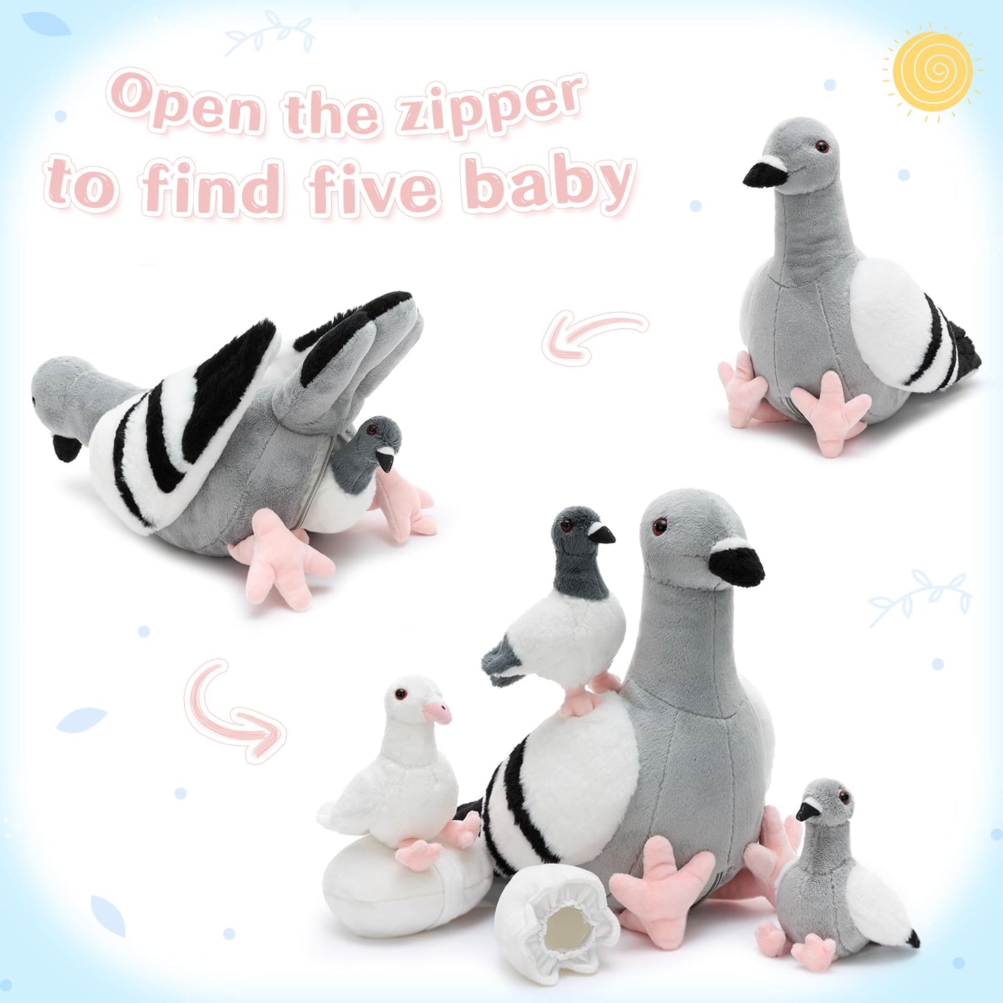 Pigeon plush family set including one big pigeon, three baby pigeon plushies, and two eggshell toys, charming and educational stuffed animal set for kids