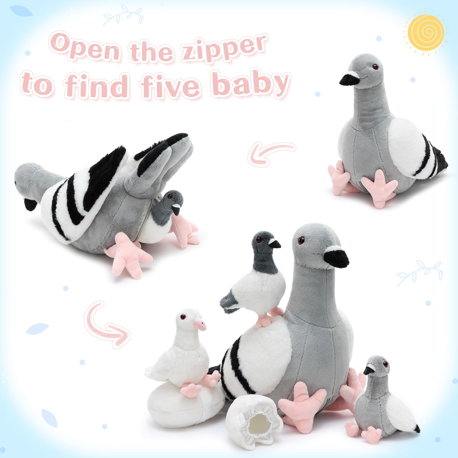 Pigeon Stuffed Animals with Babies Inside, Gray, 11.8 Inches