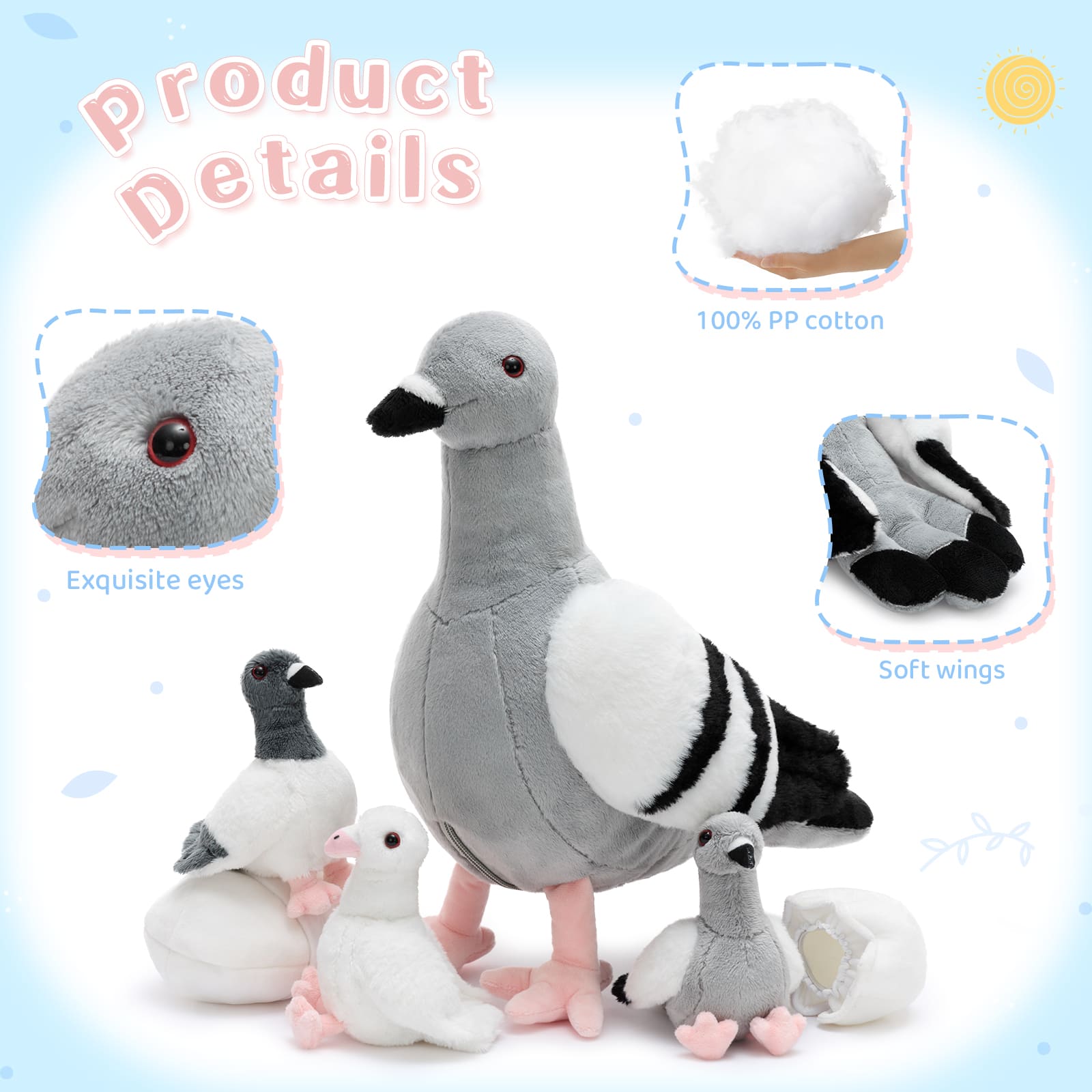 Pigeon Stuffed Animals with Babies Inside, Gray, 11.8 Inches