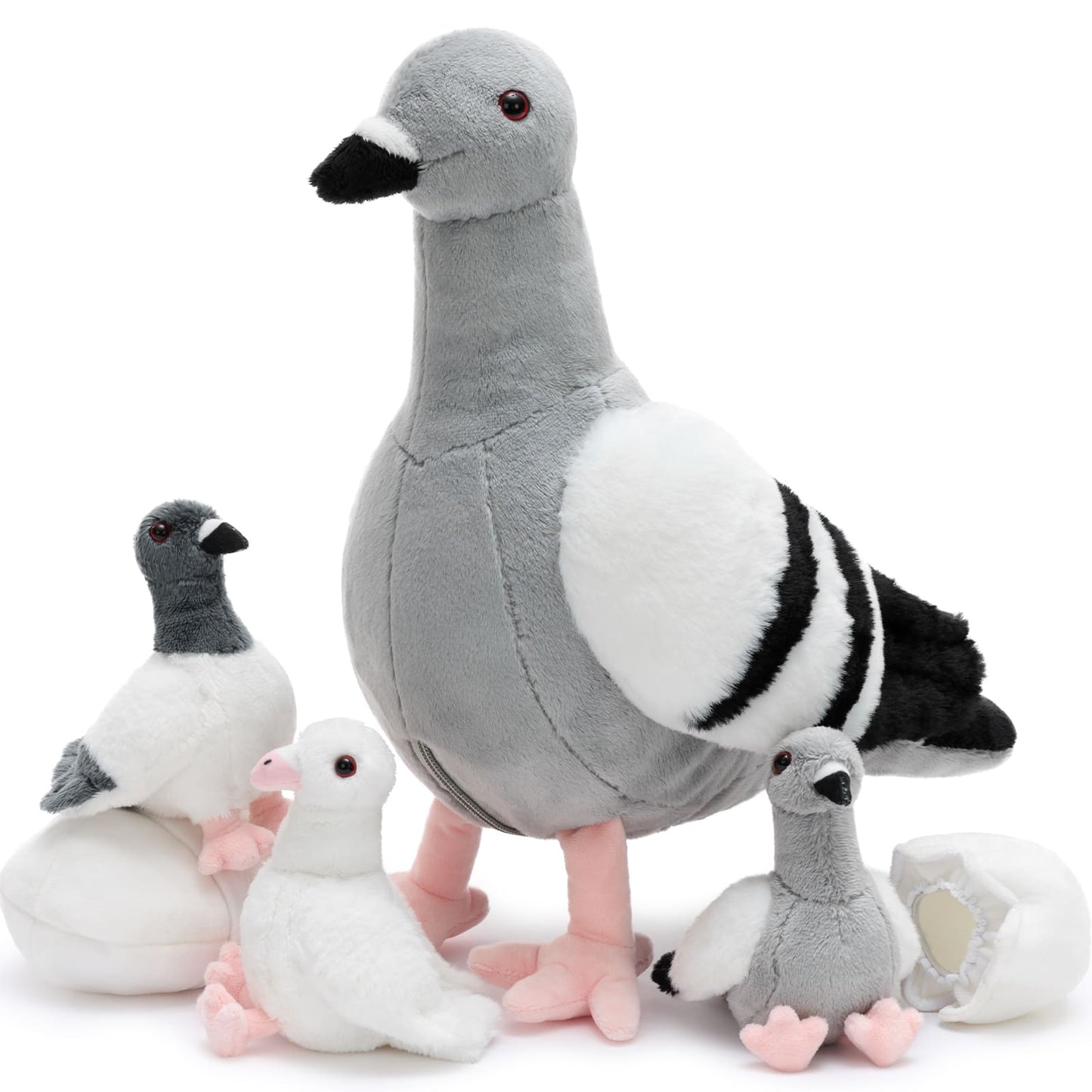 Adorable pigeon plush toy set with one big pigeon, three baby pigeon plush toys, and two eggshell plushies, soft and cuddly gift for kids and bird lovers