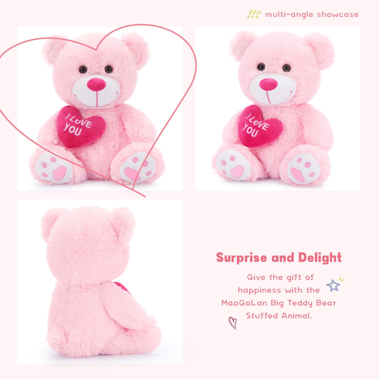 Stuffed Mocha Heart Bear – I Love You - Pink Plush Bear Toy for Kids & Adults - Embroidered Heart Throw Pillow - Valentine's Day Teddy Bear Stuffed Animals - 12 Inch Teddy Bear Plush Toys - Teddy Bear with Hearts