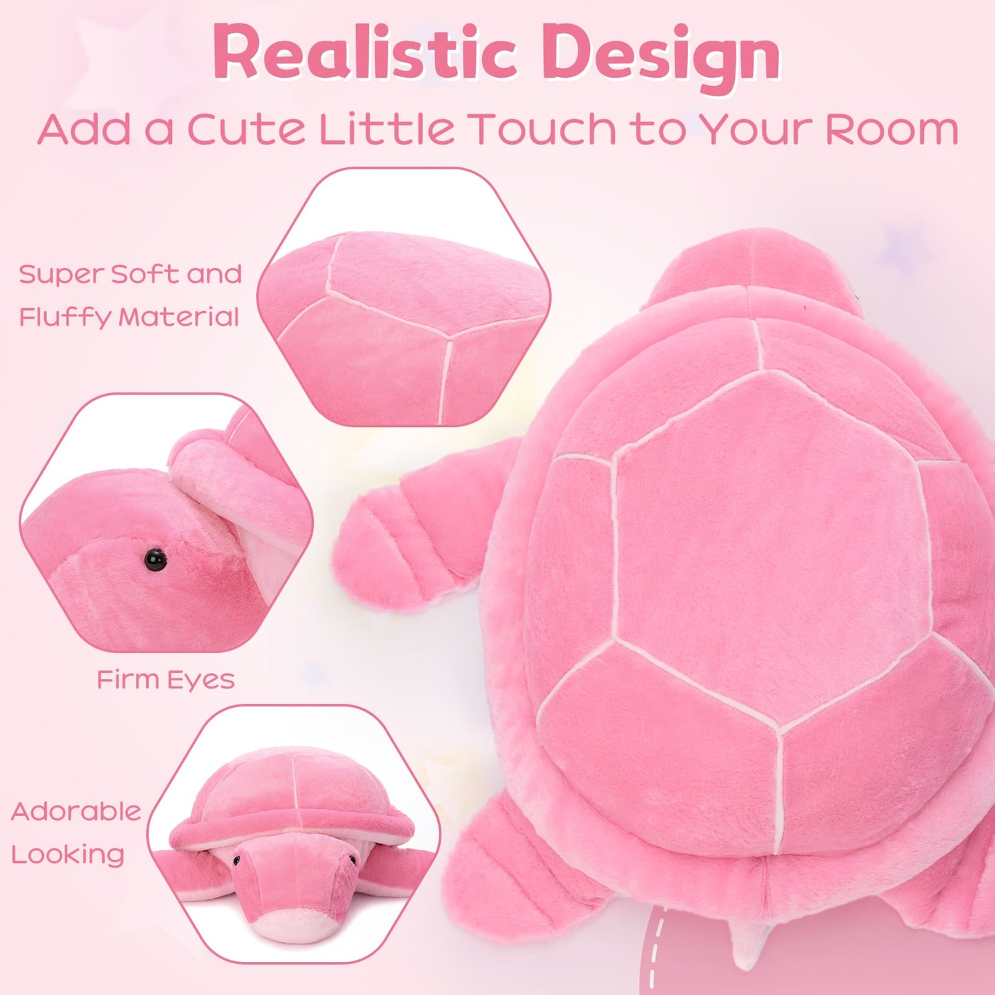 Soft pink turtle plush toy with a rounded shell and flipper legs, cute stuffed animal pillow for cuddling, kids’ room décor, and comfort.