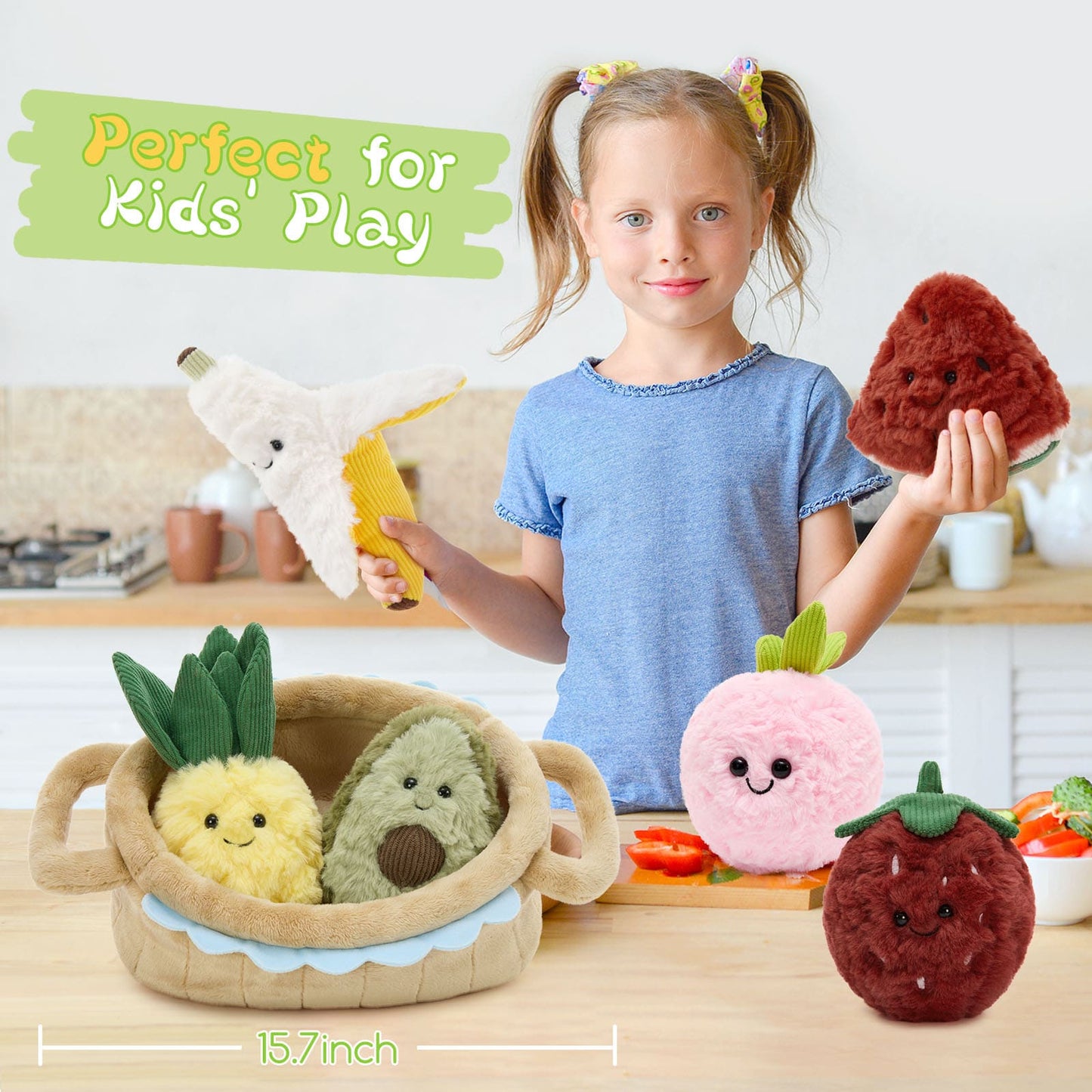 A plush basket with a stuffed banana, strawberry, pineapple, avocado, peach, and watermelon toy set - Kawaii Fruit Basket Plush Toy Set