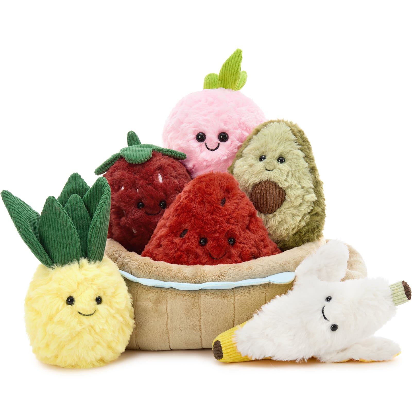 Plush Basket with 6 Stuffed Fruit Toys, 15.7 Inches