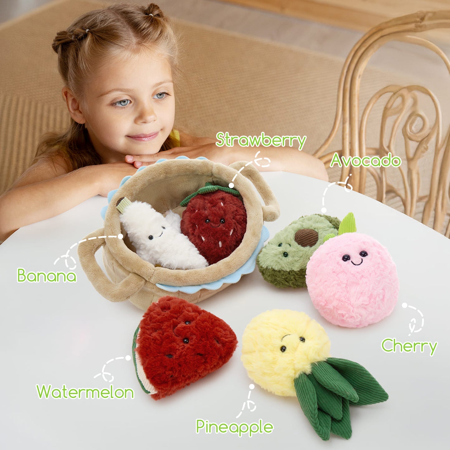 A plush basket with a stuffed banana, strawberry, pineapple, avocado, peach, and watermelon toy set - Kawaii Fruit Basket Plush Toy Set