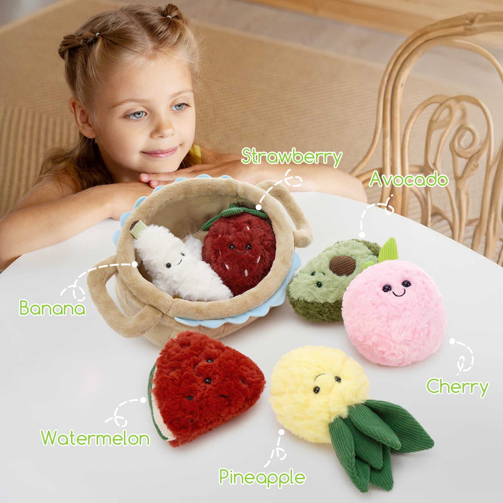 Plush Basket with 6 Stuffed Fruit Toys, 15.7 Inches