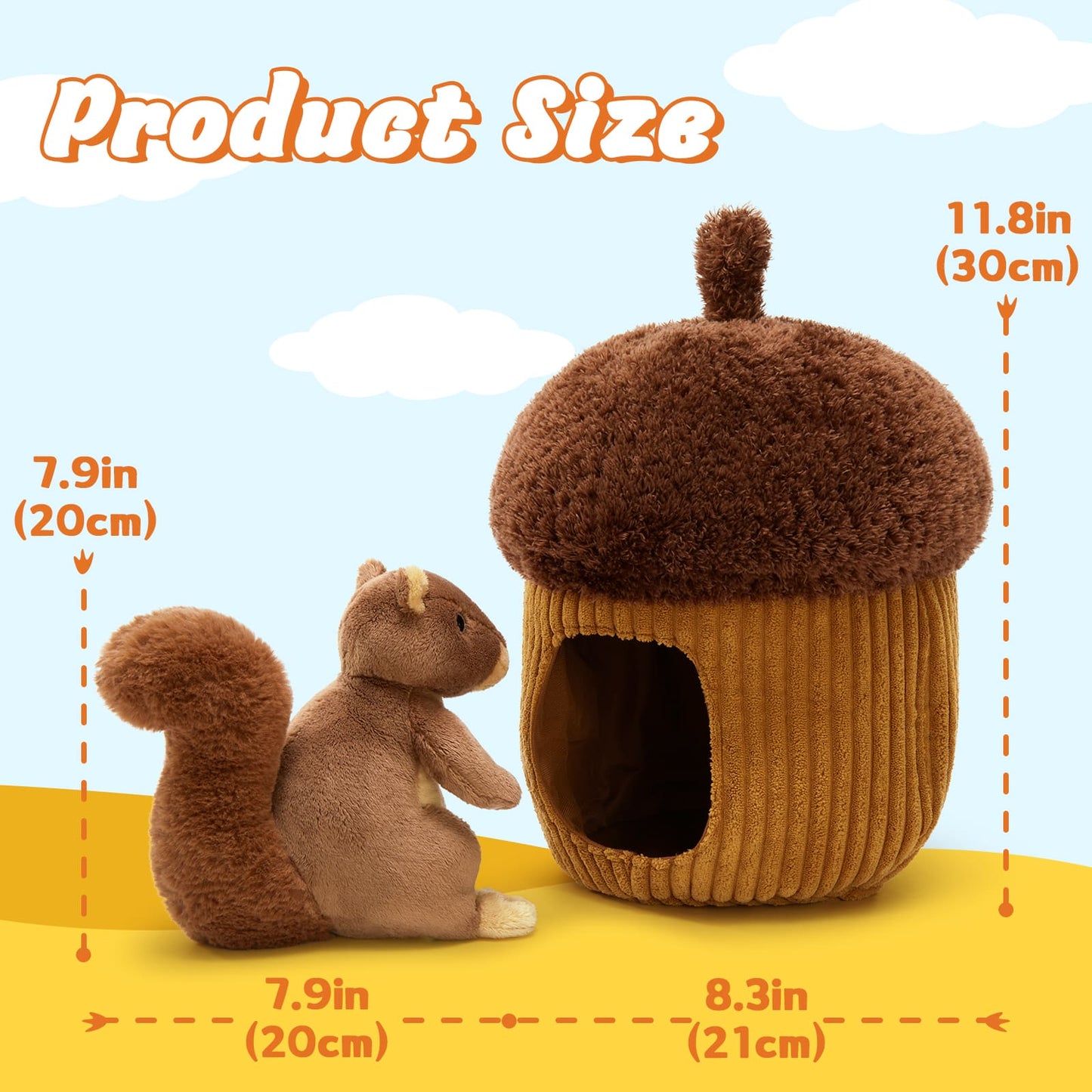 Cute 7.9 inches plush squirrel toy with brown 11.8 inches acorn hideaway house, soft stuffed animal gift