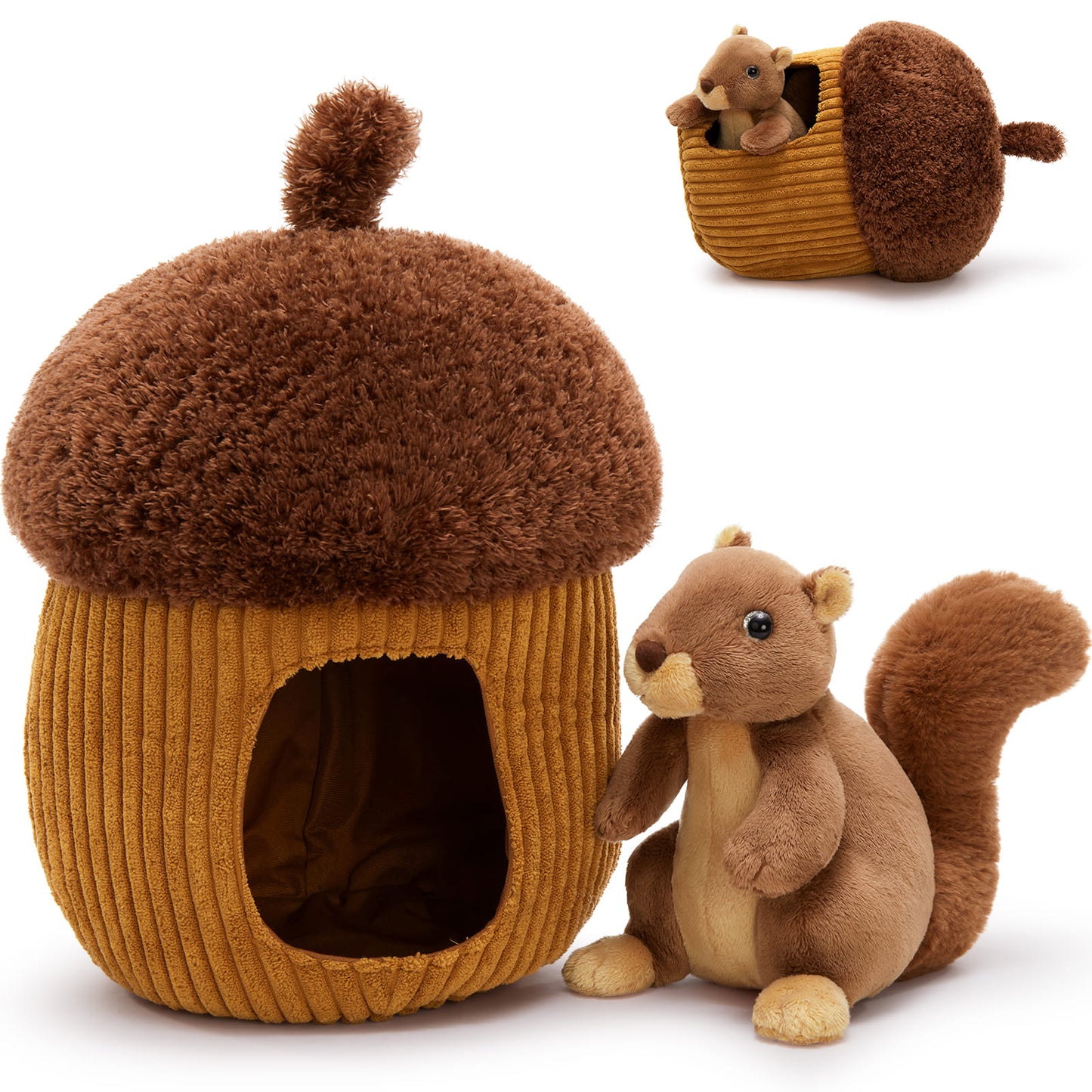 Cute plush squirrel toy with brown acorn hideaway house, soft stuffed animal gift
