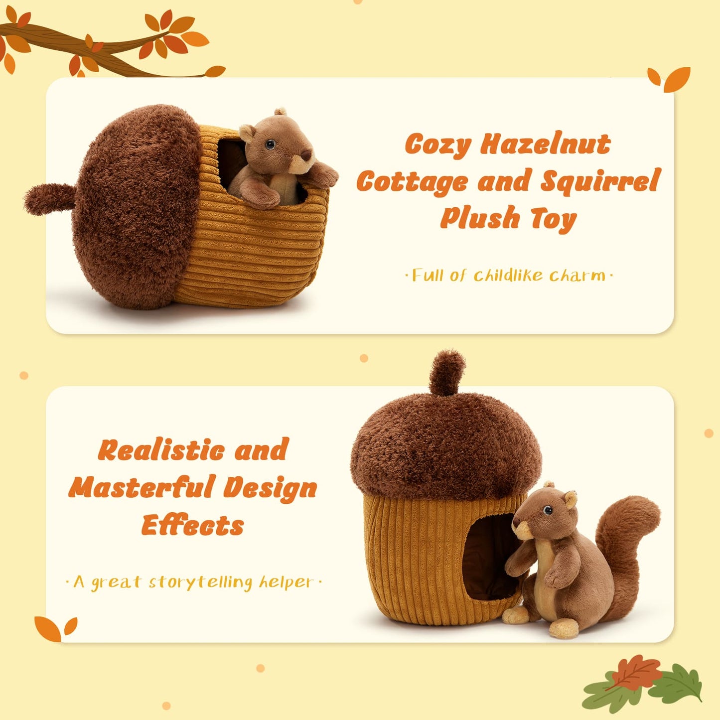 Cute plush squirrel toy with brown acorn hideaway house, soft stuffed animal gift, travel-friendly souvenirs, and gifts