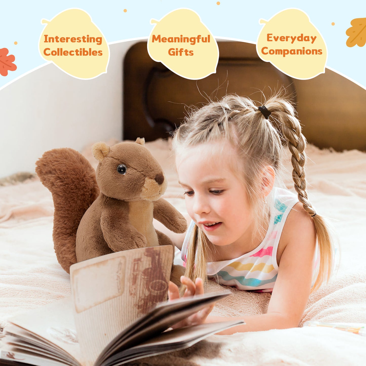 Cute plush squirrel toy with brown acorn hideaway house, soft stuffed animal gift, travel-friendly souvenirs, and gifts for girls and boys