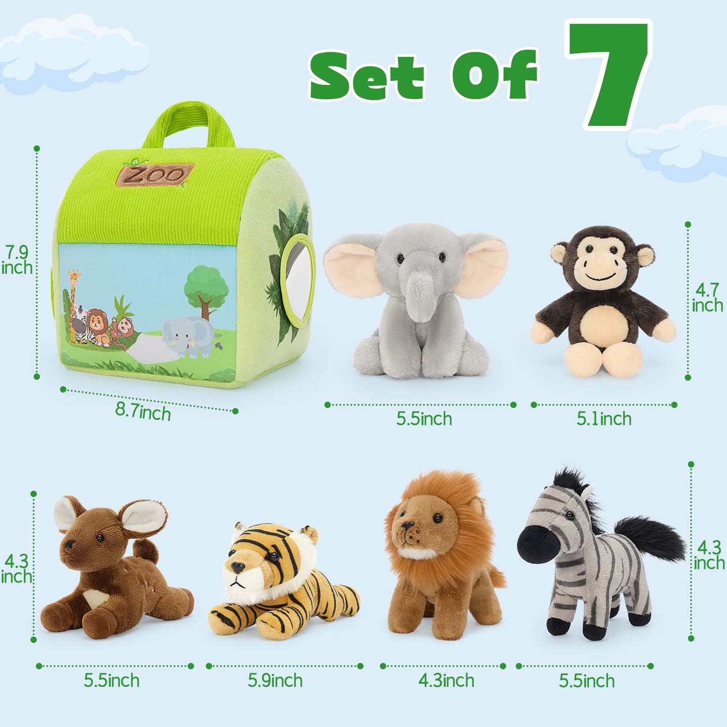 Kids safari animal stuffed toy collection with portable plush playhouse storage case, perfect for imaginative play, learning, and travel activities.