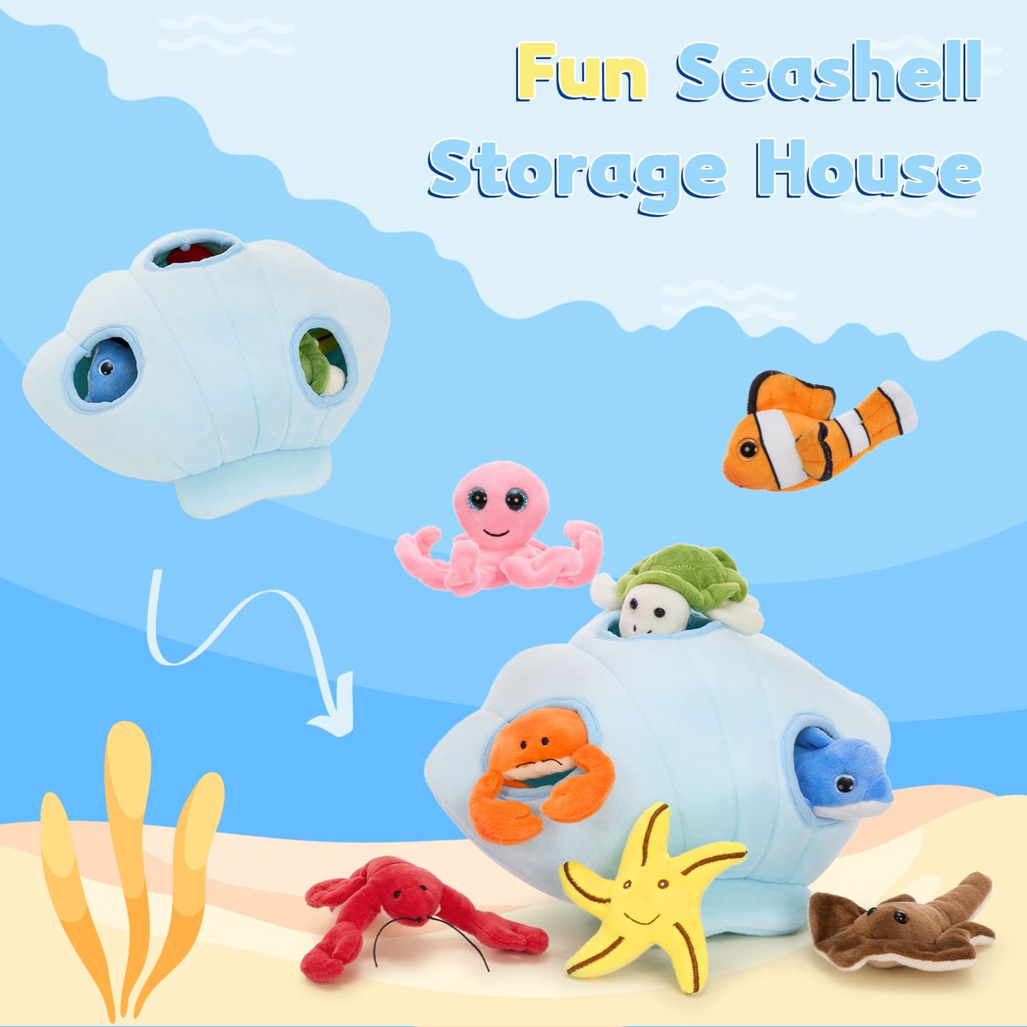 Kawaii sea animal plush collection with shell holder, showing adorable octopus, crab, fish, and turtle stuffed toys on blue background