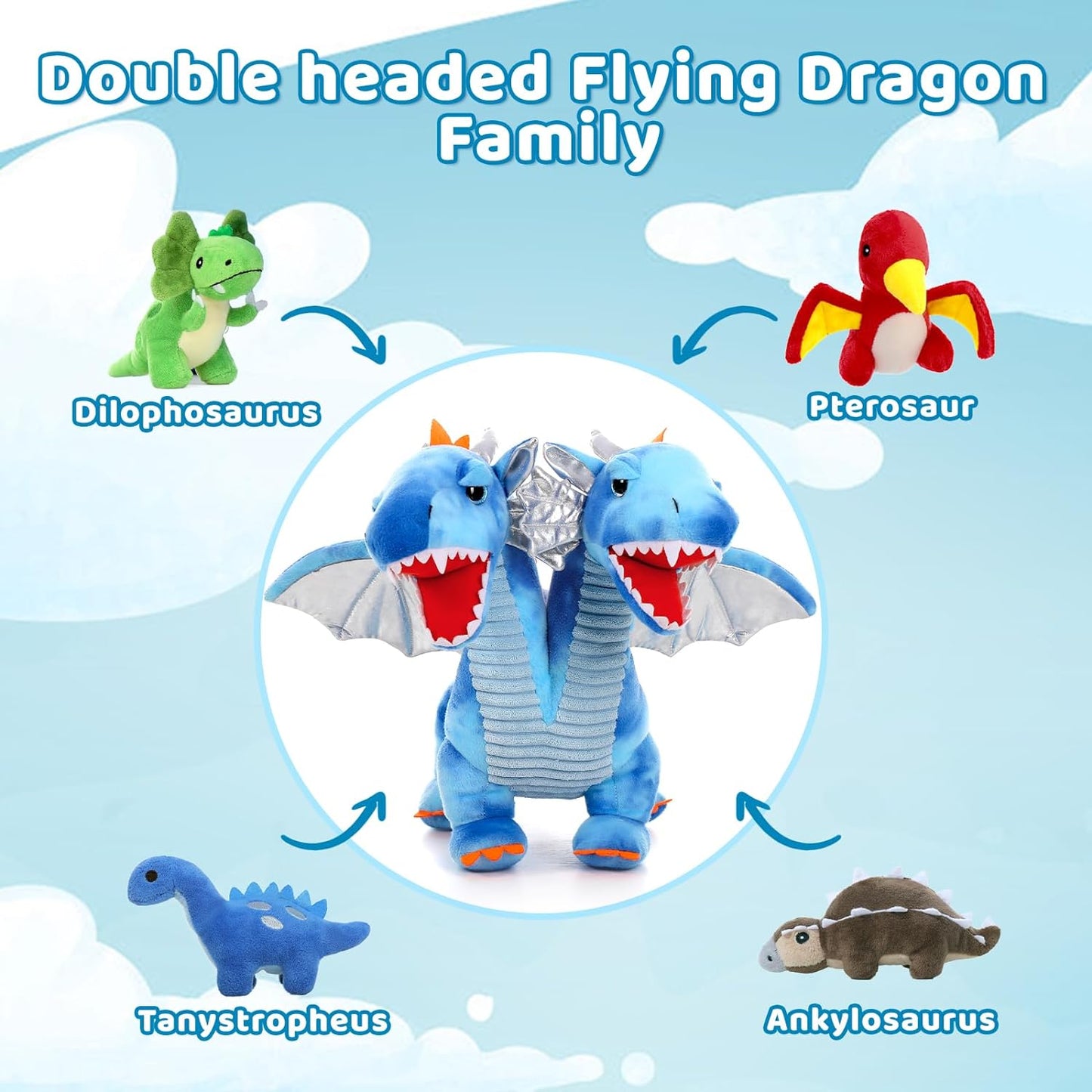 Blue Flying Dragon Plush Toys - Dragon Stuffed Animals with Babies in the Belly - Lifelike Double-headed Dragon Plush Dolls - Stuffed Animal Babies with Their Mom - Cool Plush Dolls for Boys Kids - Birthday/Christmas/Easter Gift ideas for children
