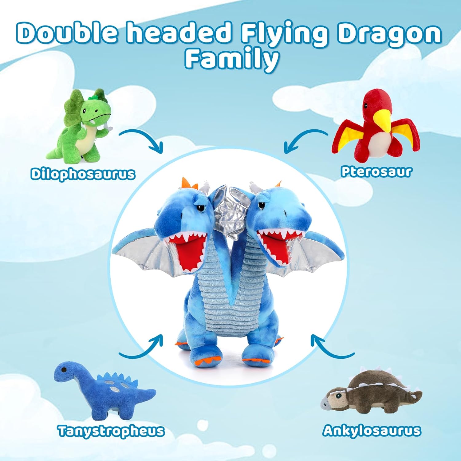 Ensemble de jouets en peluche dragon à deux têtes, 20 pouces
