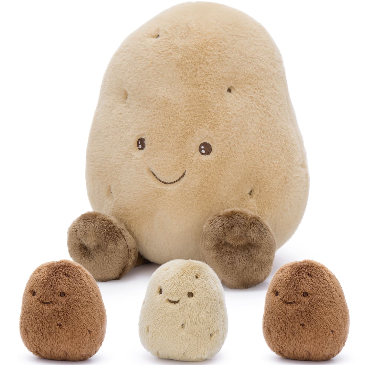 Large cuddly potato plush toy with hidden mini potato plushies sitting on a table, perfect for bedroom décor, gifts, and cozy snuggling.